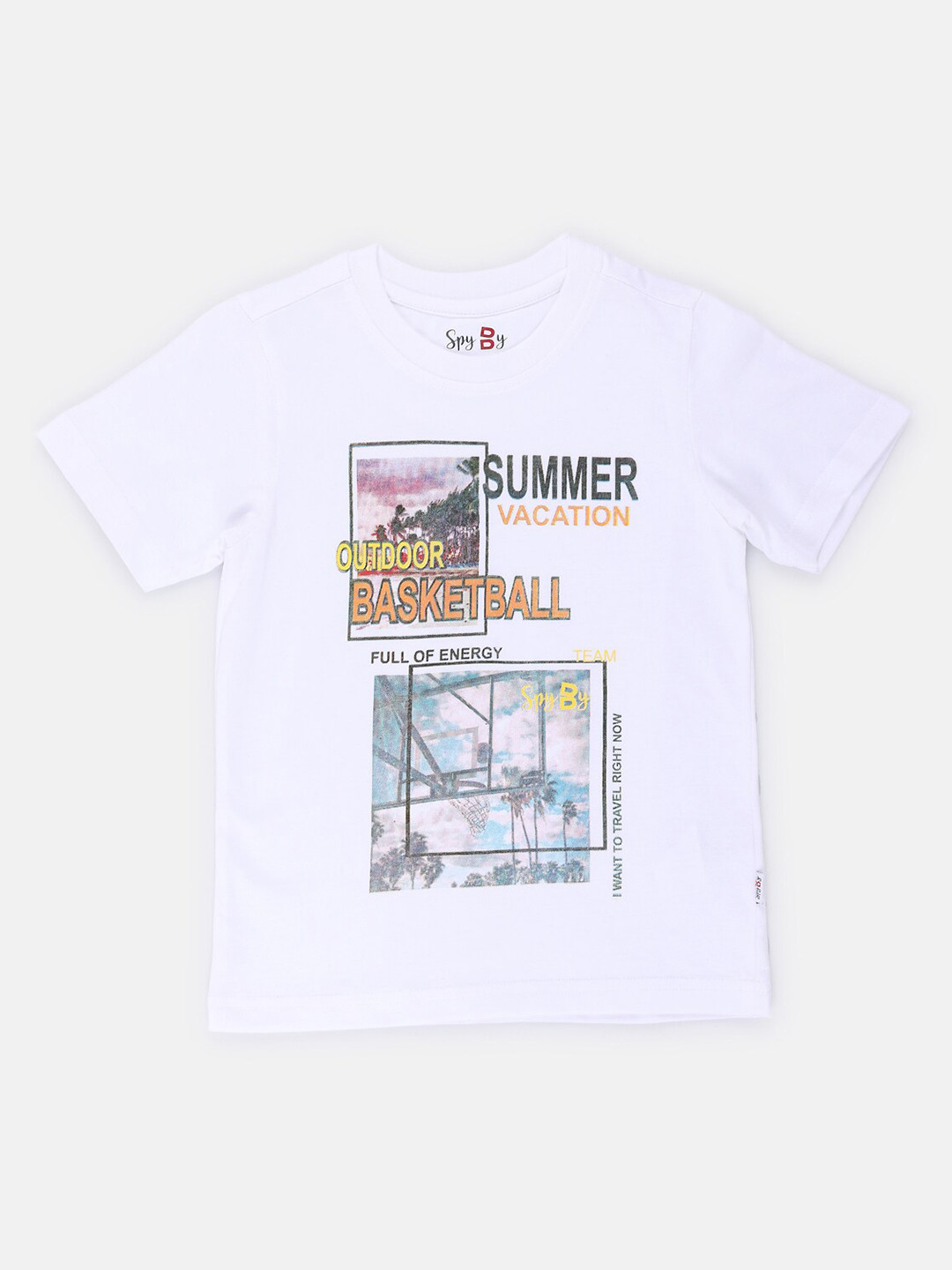 

SPYBY Boys Round Neck Short Sleeves Graphic Printed Regular Fit Cotton T-shirt, White