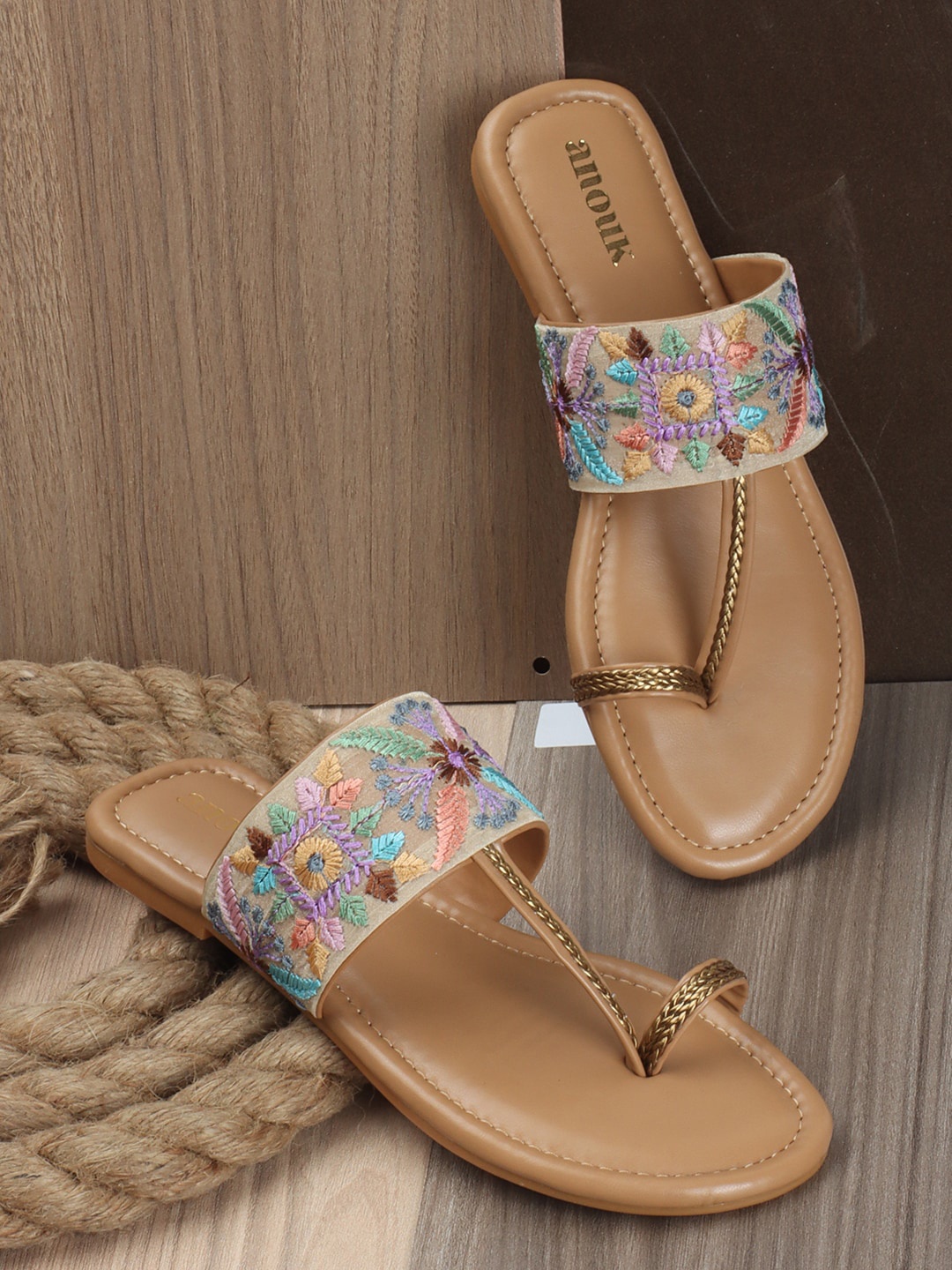 

Anouk Embroidered Open Toe Flats, Beige