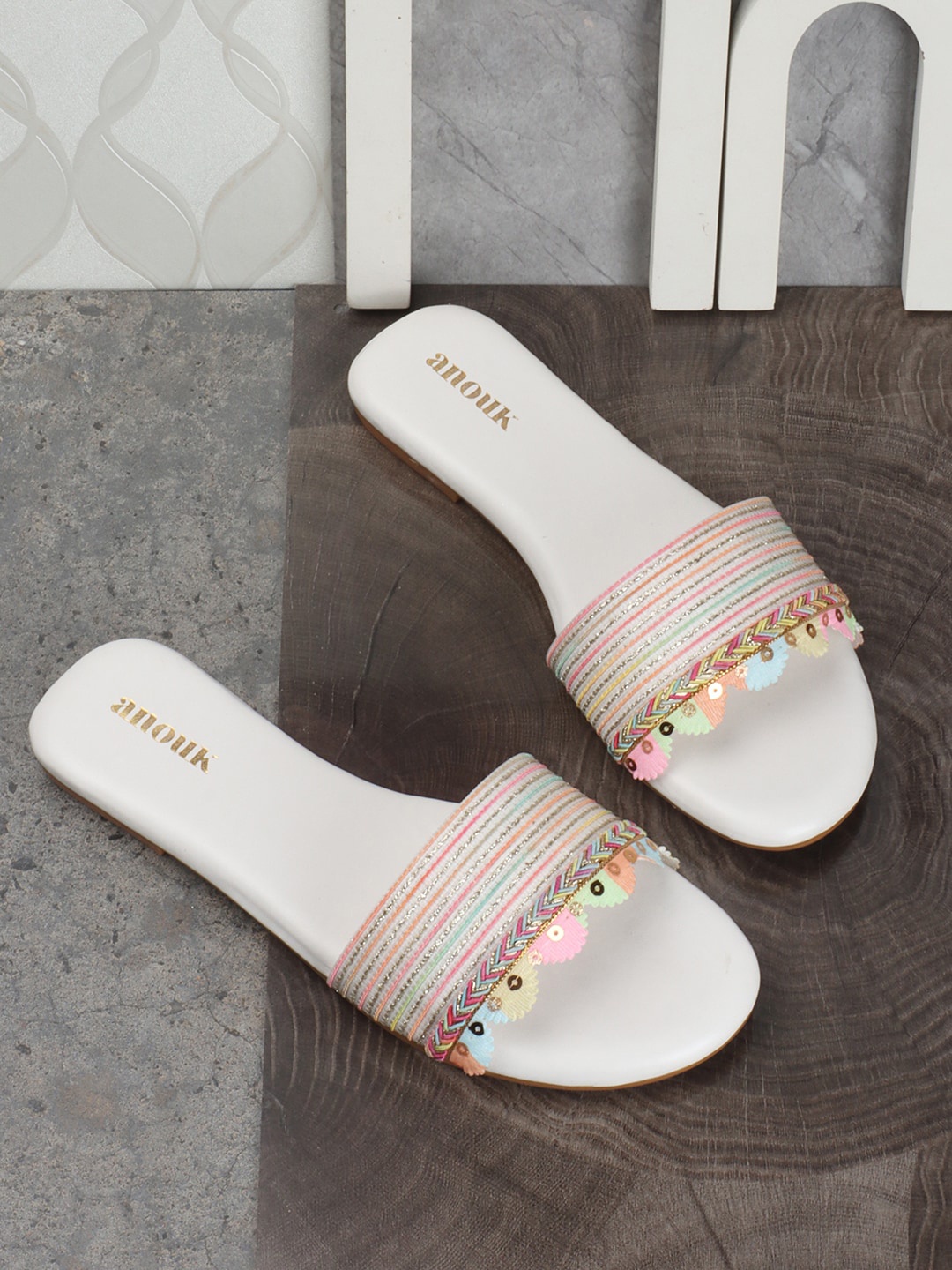 

Anouk Embroidered Open Toe Flats, White