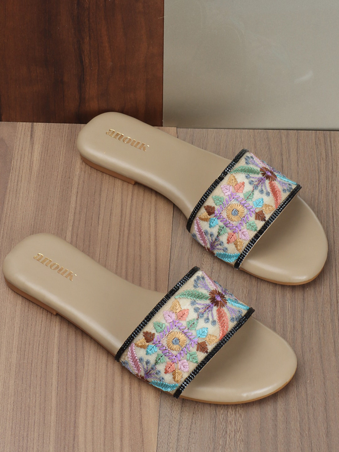 

Anouk Embroidered Open Toe Flats, Beige