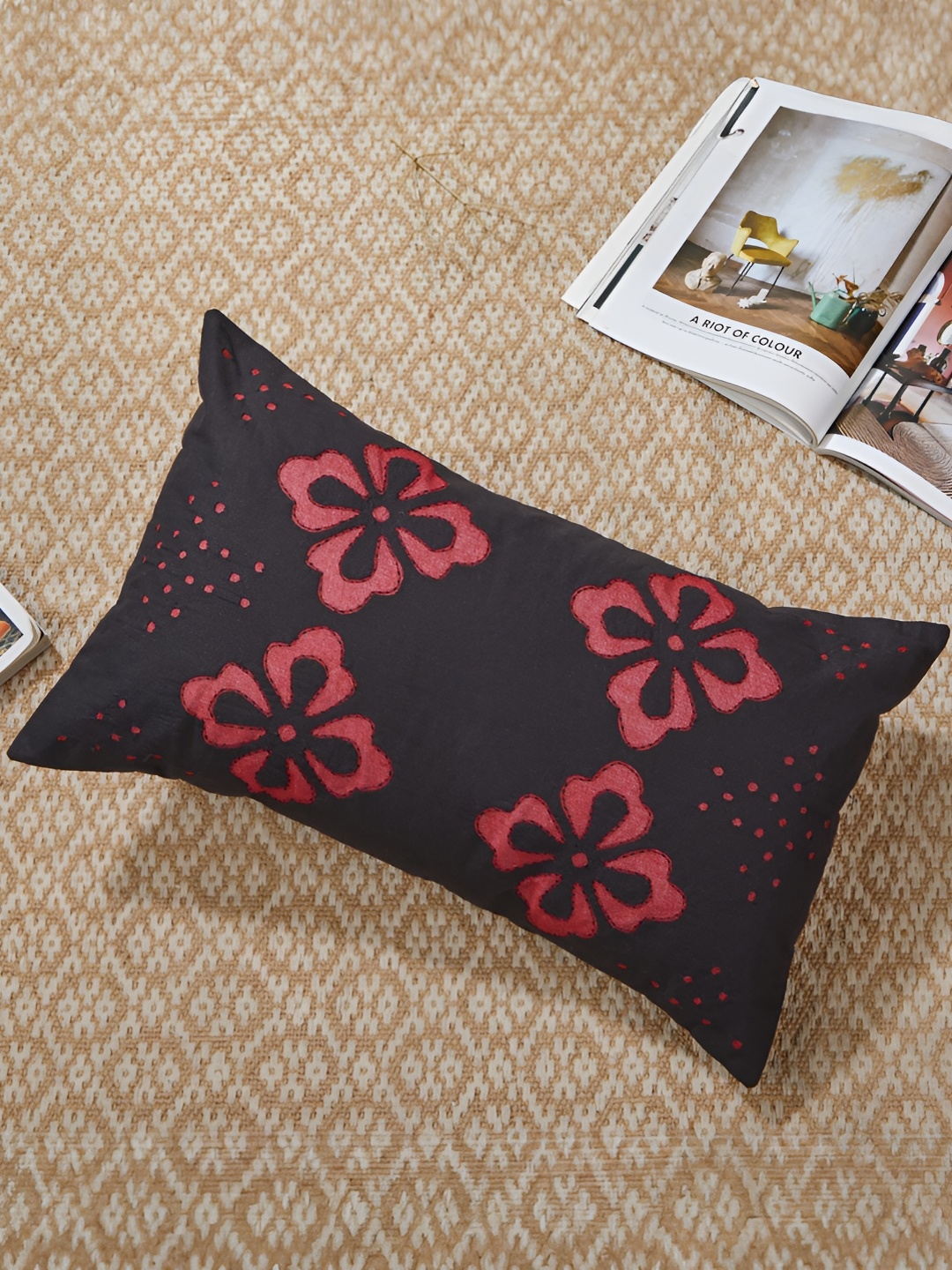 

Fabindia Black & Red Floral Rectangle Cotton Cushion Covers