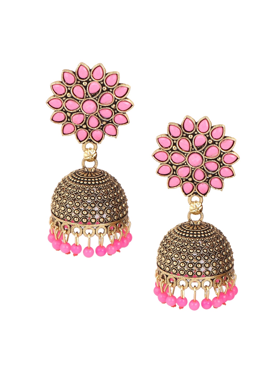

Keviv Gold-Plated Kundan Studded & Beaded Dome Shaped Jhumkas, Pink