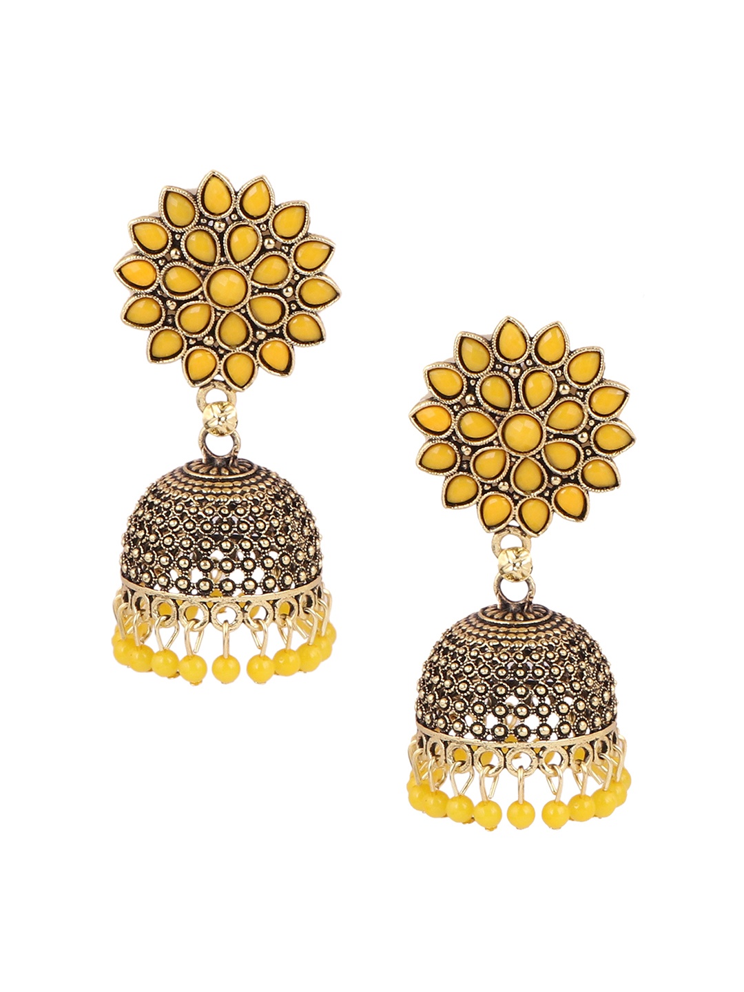 

Keviv Gold-Plated Kundan Studded Dome Shaped Jhumkas Earrings, Yellow