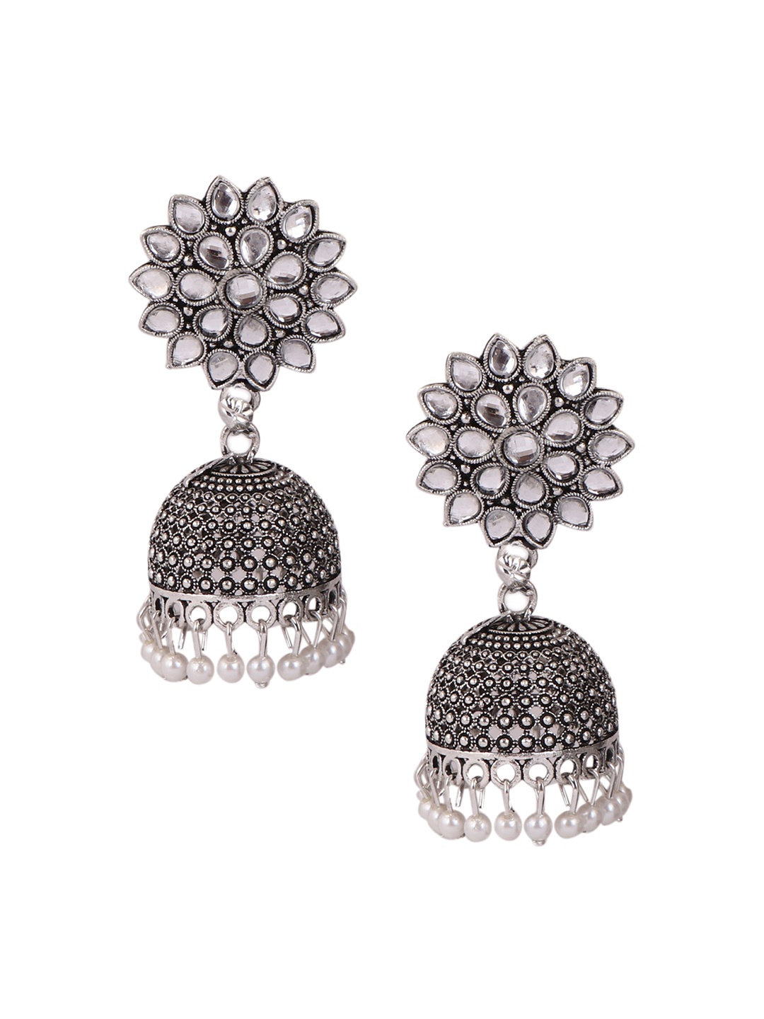 

Keviv Gold-Plated Kundan Studded Dome Shaped Jhumkas Earrings, Silver