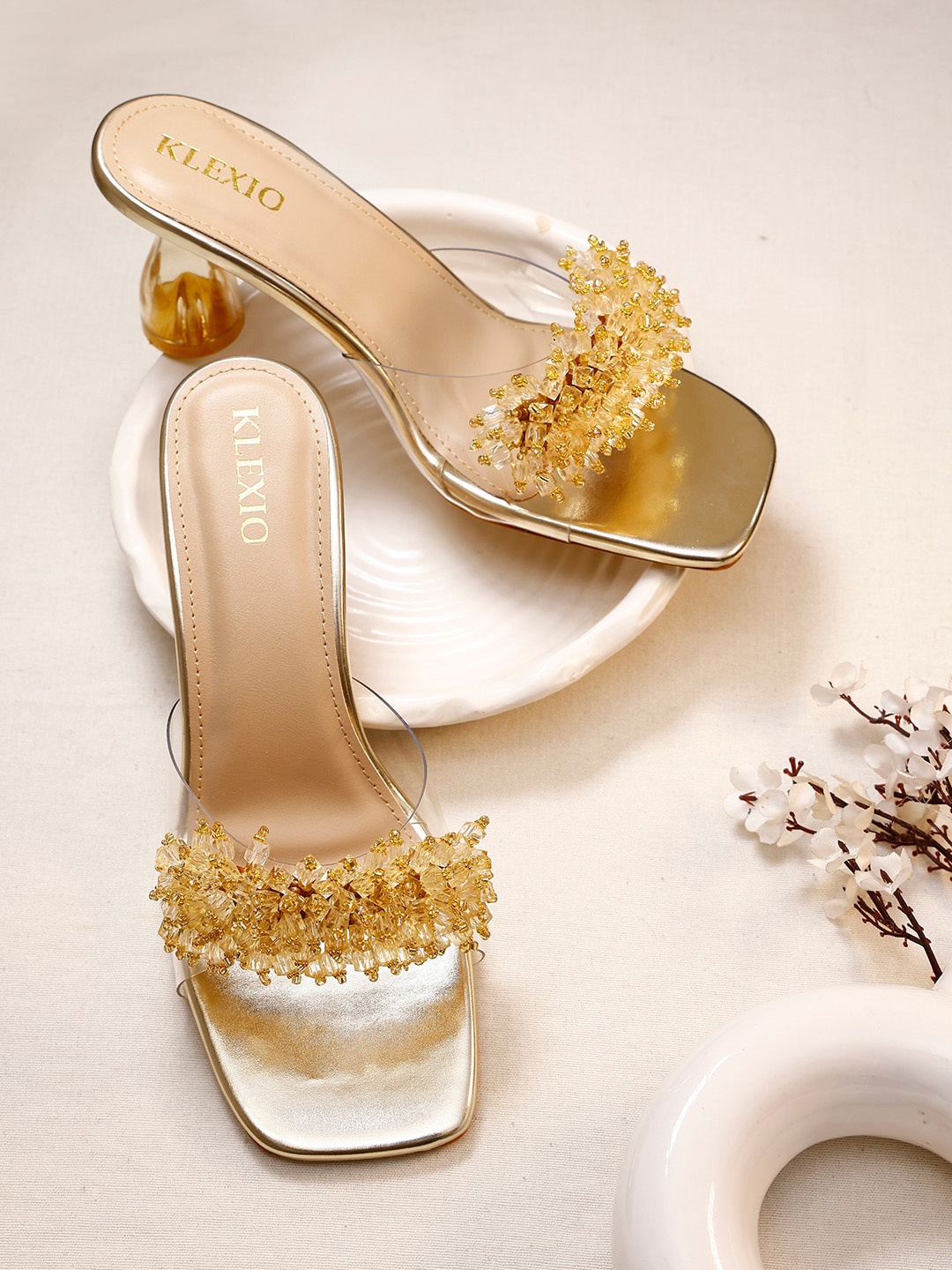 

KLEXIO Embellished Open Toe Block Heels, Gold