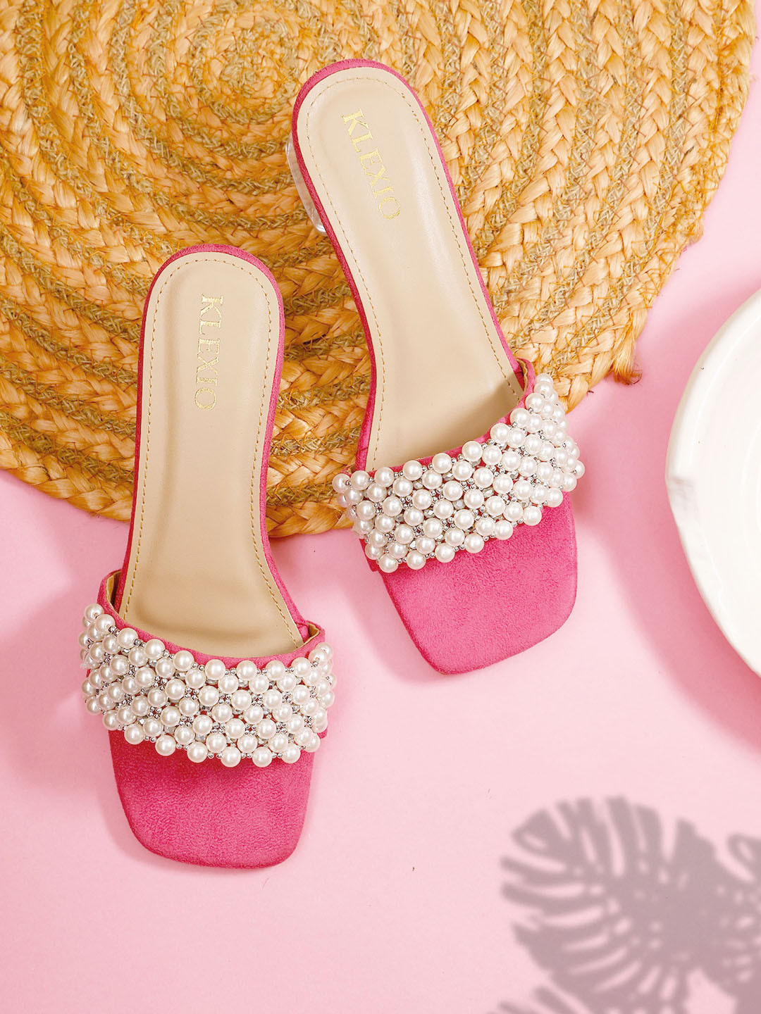 

KLEXIO Embellished Open Toe Block Heels, Pink