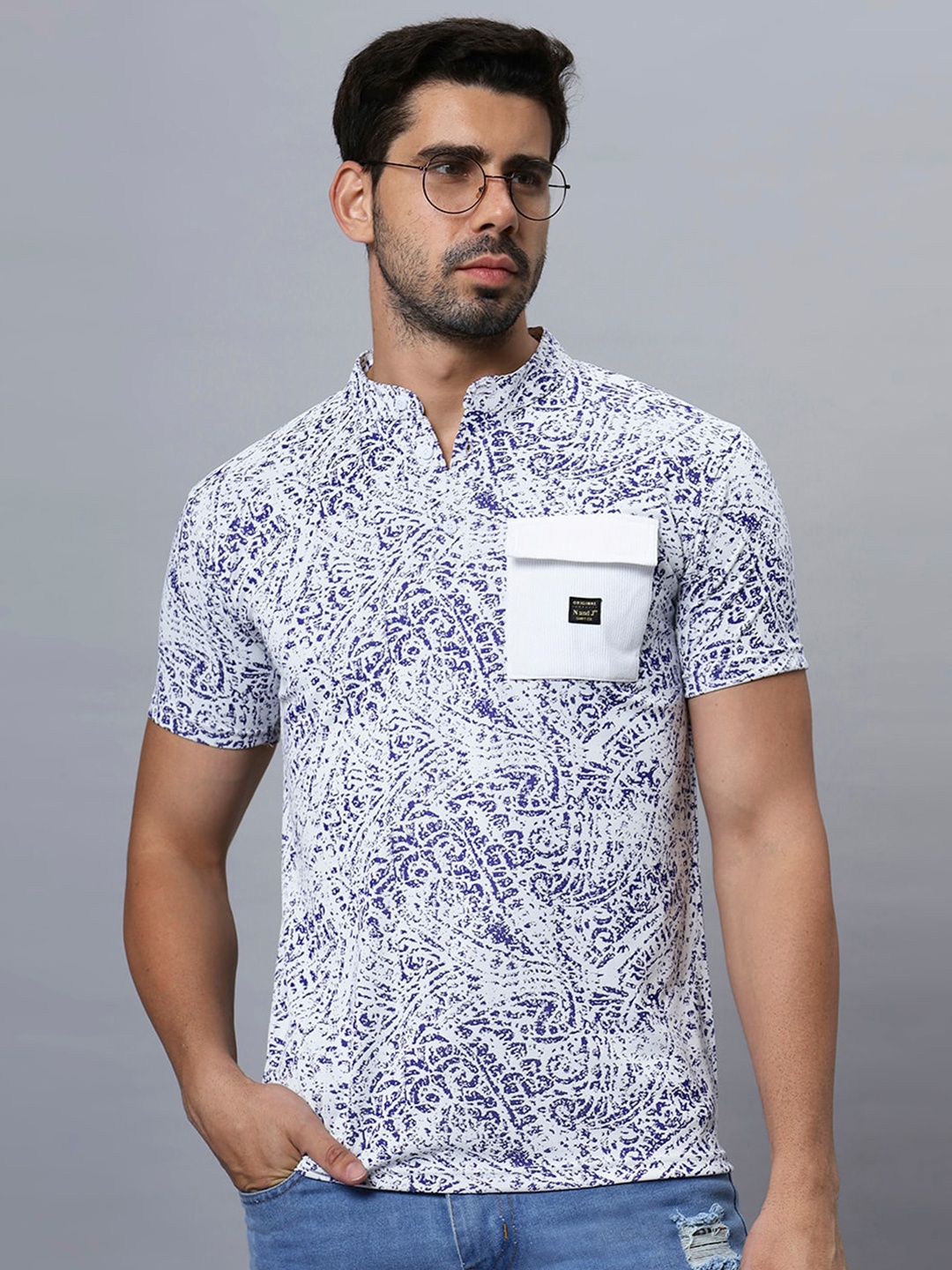 

N AND J Abstract Printed Henley Neck Pockets T-shirt, Navy blue