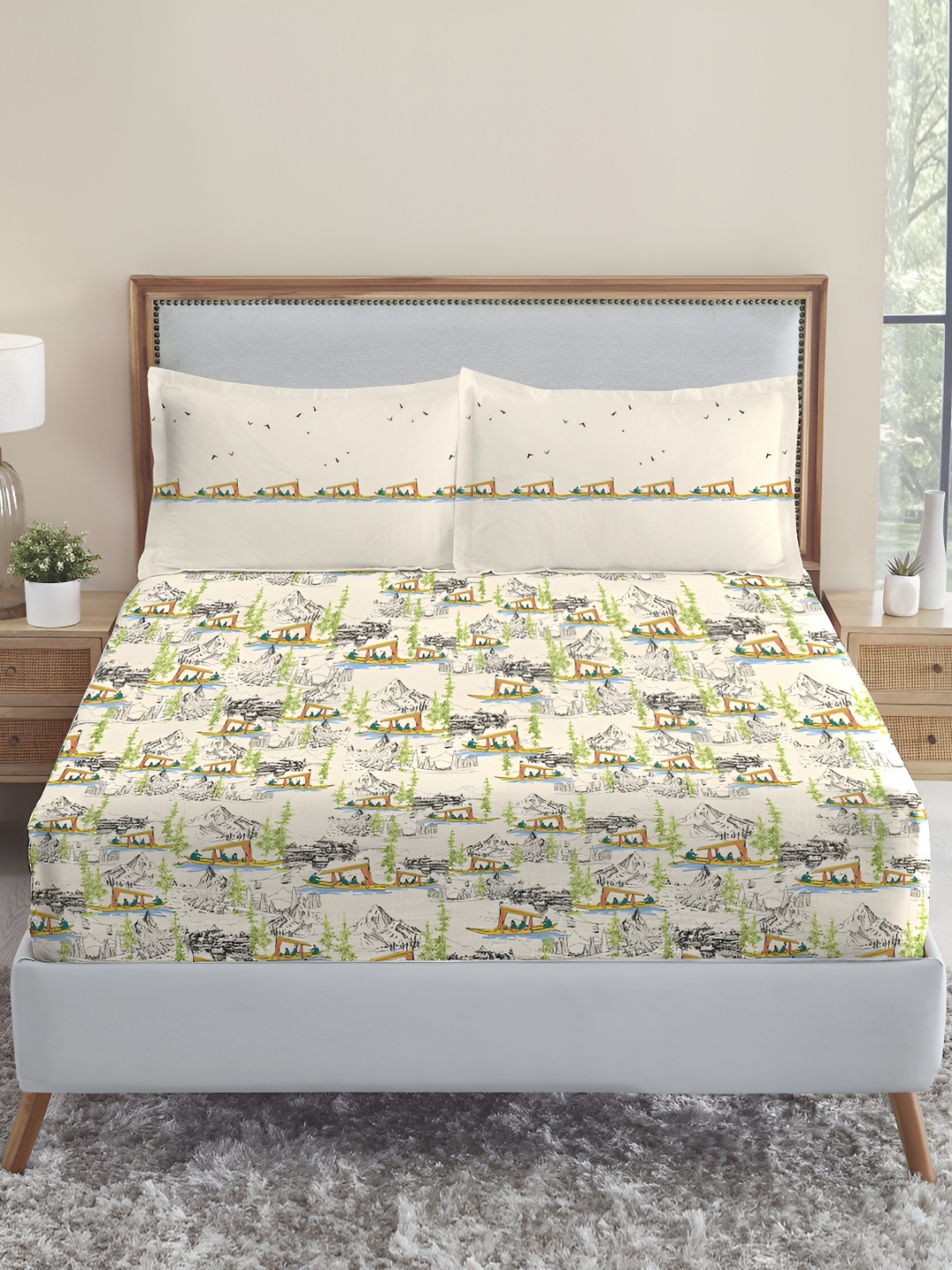 

MYTRIDENT Kashmir Ki Kali Atulaya Bharat Flat 144TC King Cotton Bedsheet Set, Green