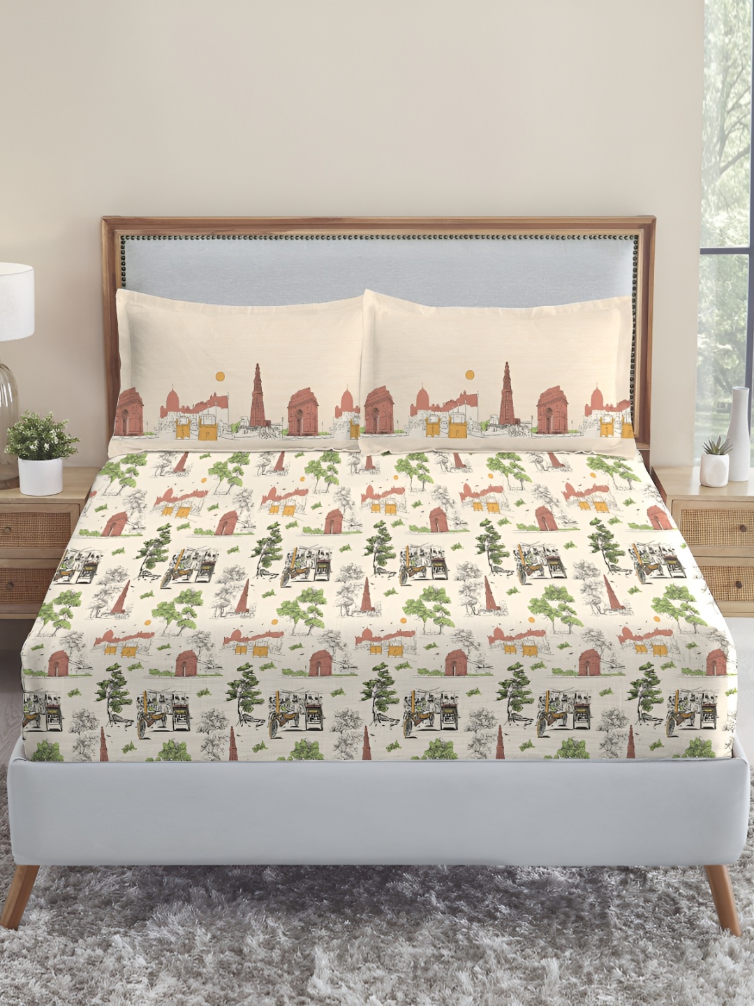 

MYTRIDENT Beige & Green Graphic 144 TC King Bedsheet with 2 Pillow Covers