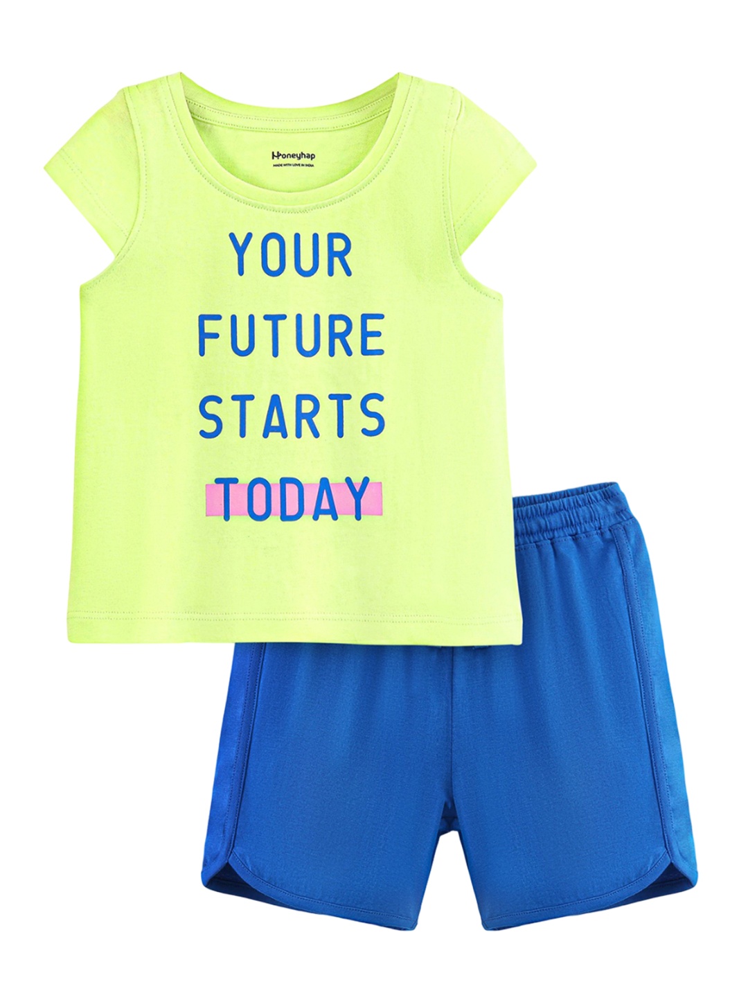 

Honeyhap Girls Typography Printed Pure Cotton Night suit, Lime green