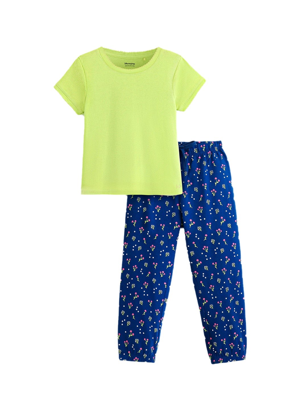 

Honeyhap Girls Graphic Printed Pure Cotton Night suit, Lime green