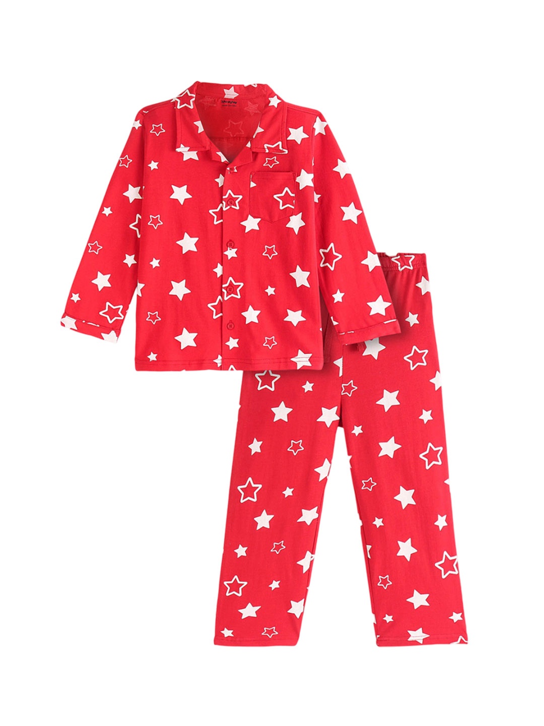 

Honeyhap Girls Geometric Printed Pure Cotton Night suit, Red