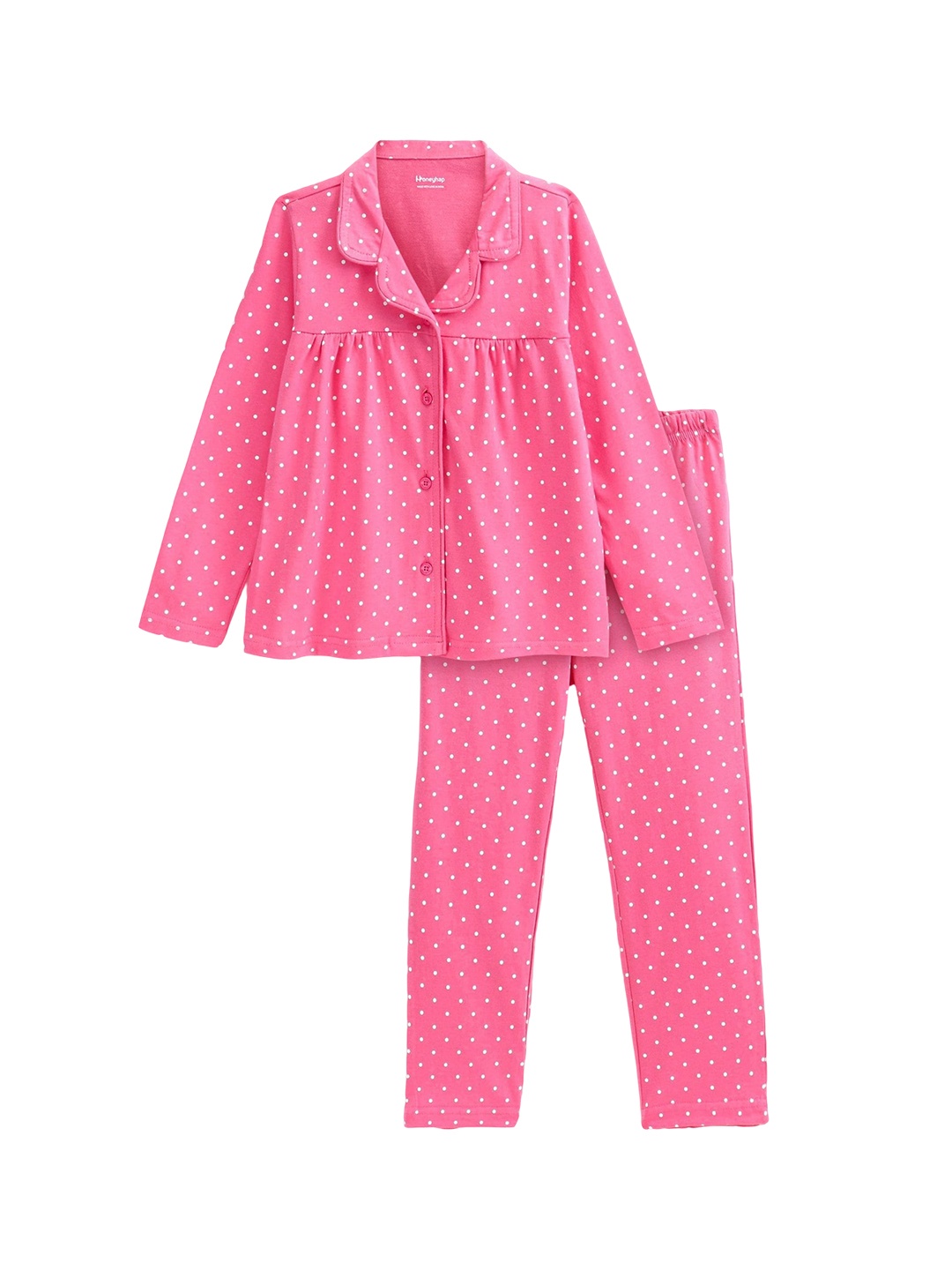 

Honeyhap Girls Polka Printed Pure Cotton Night suit, Pink