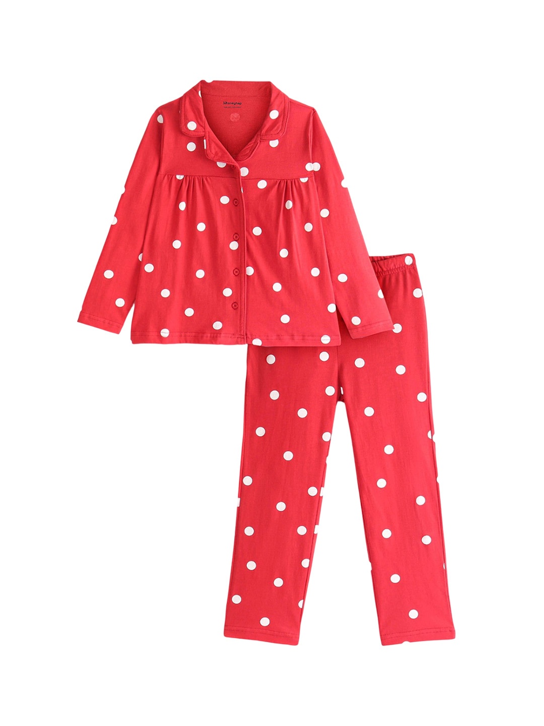 

Honeyhap Girls Polka Dots Printed Lapel Collar Pure Cotton Bio Finish Night Suit, Red