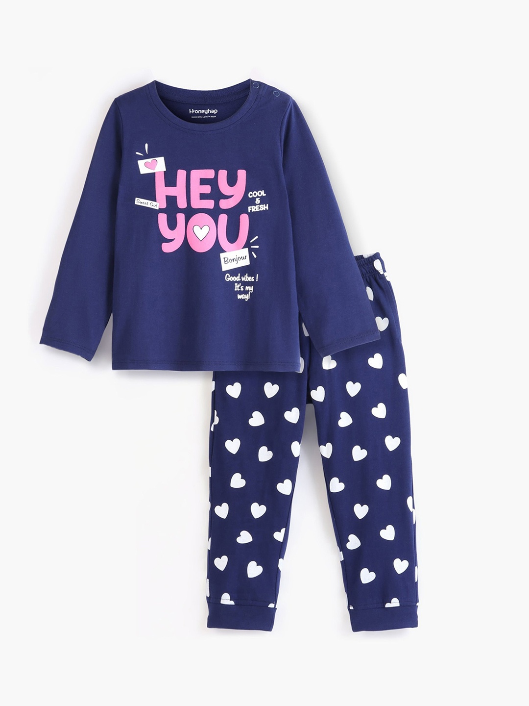 

Honeyhap Girls Typography Printed Pure Cotton Night suit, Navy blue