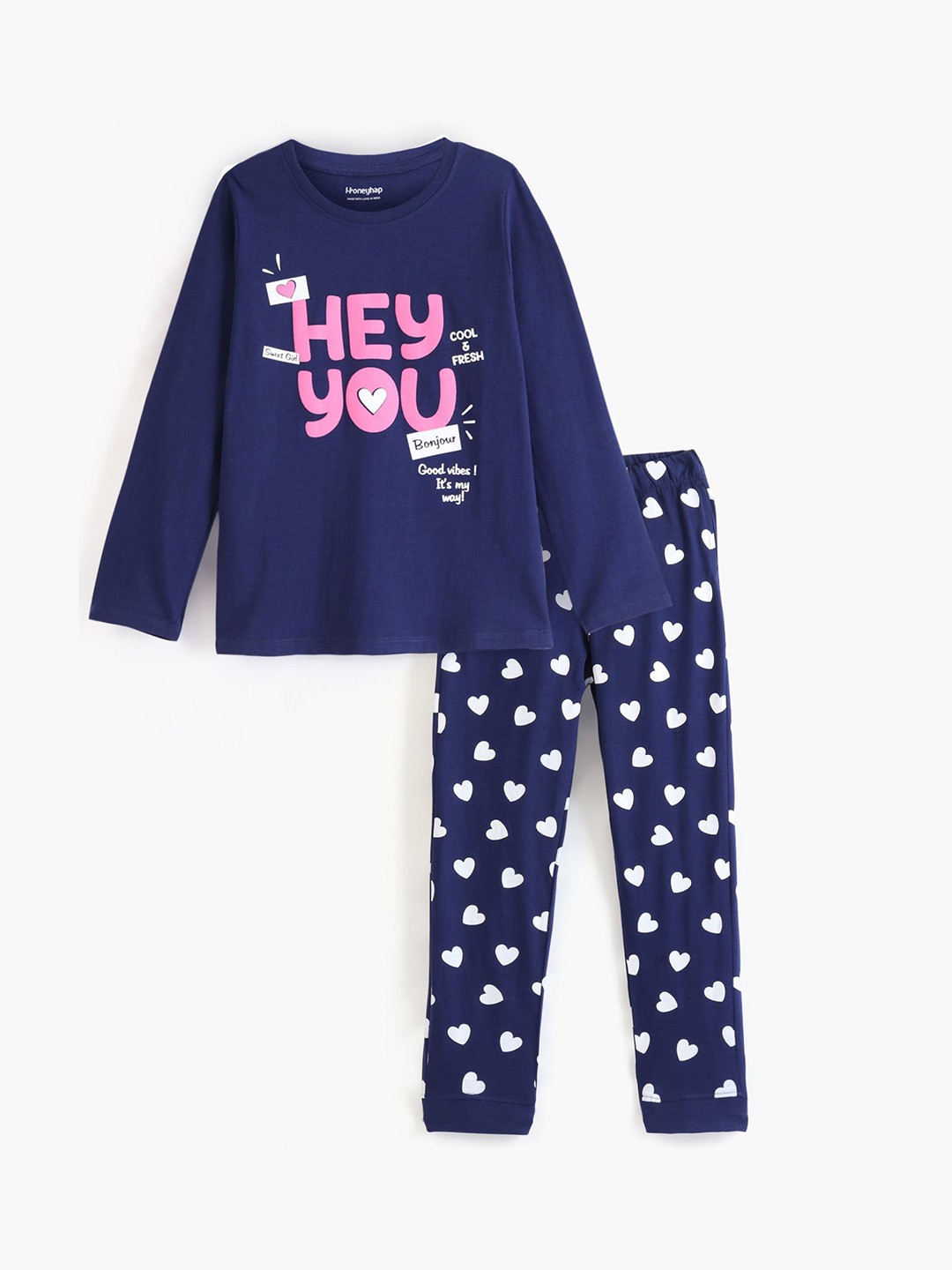 

Honeyhap Girls Typography Printed Pure Cotton Night suit, Navy blue