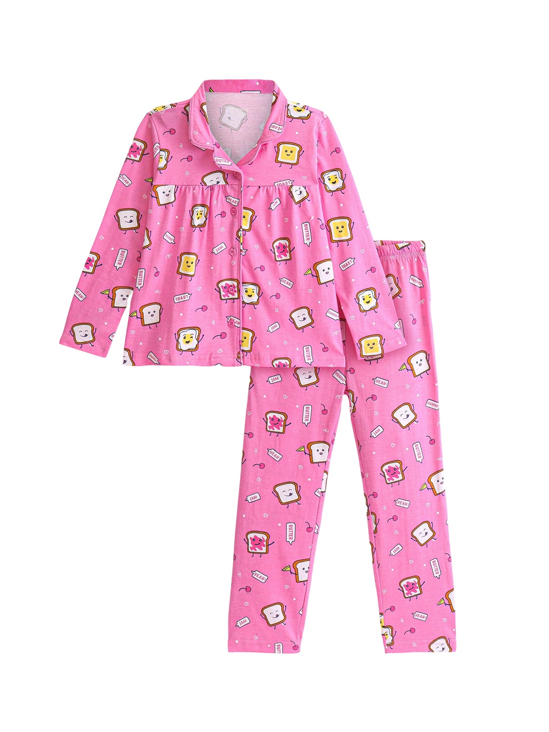 

Honeyhap Girls Graphic Printed Lapel Collar Bio Finish Pure Cotton Night suit, Pink