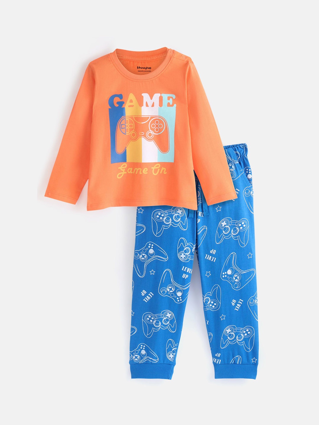 

Honeyhap Boys Graphic Printed Pure Cotton Night suit, Orange