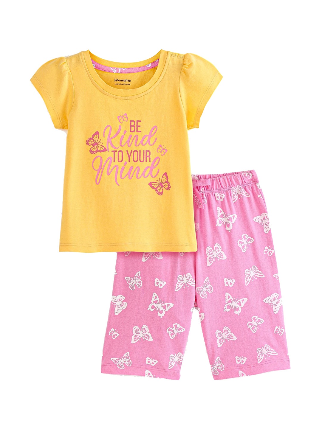 

Honeyhap Girls Typography Printed Pure Cotton Night suit, Yellow