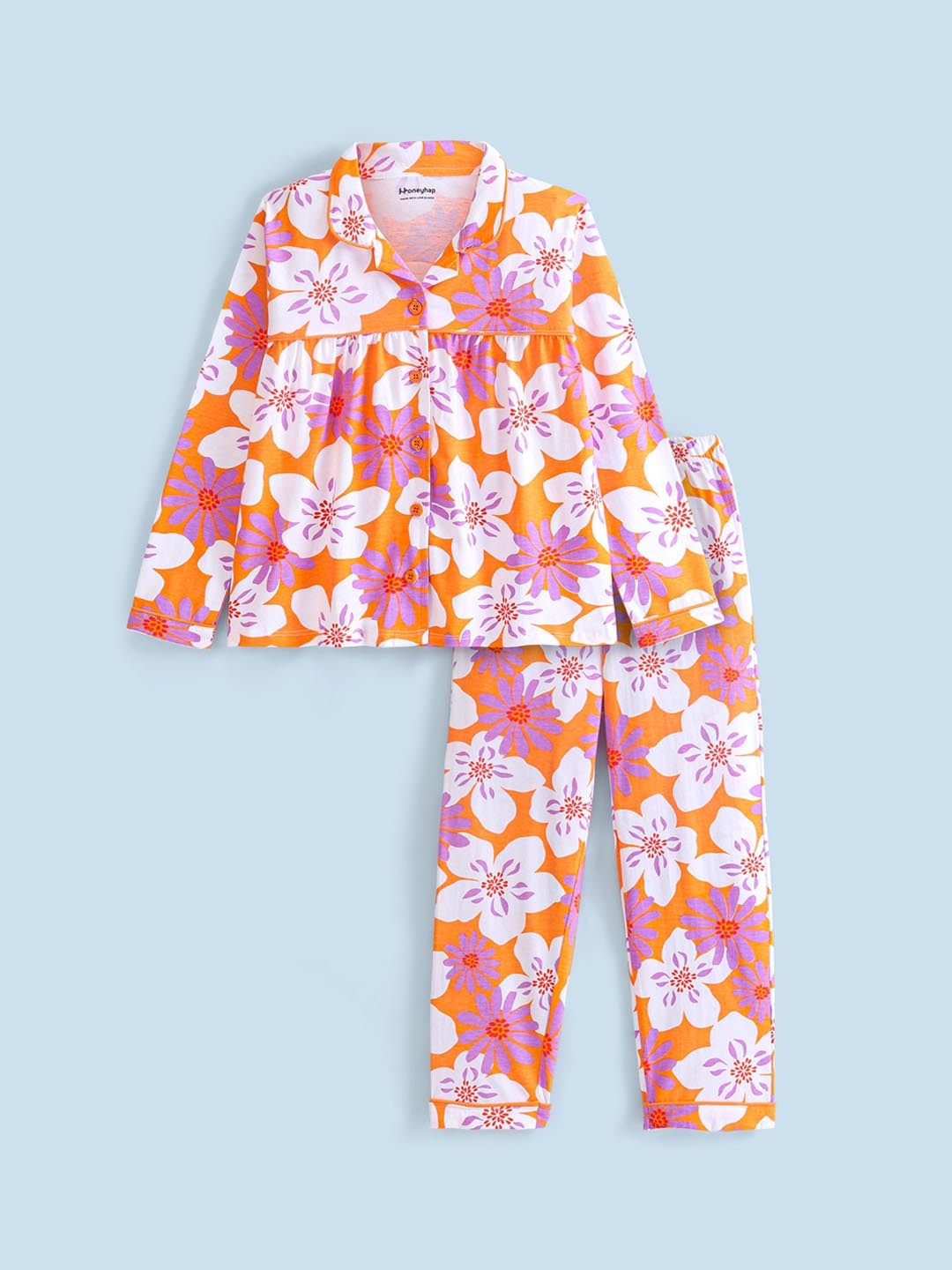 

Honeyhap Girls Floral Printed Lapel Collar Pure Cotton Bio Finish Night suit, Orange