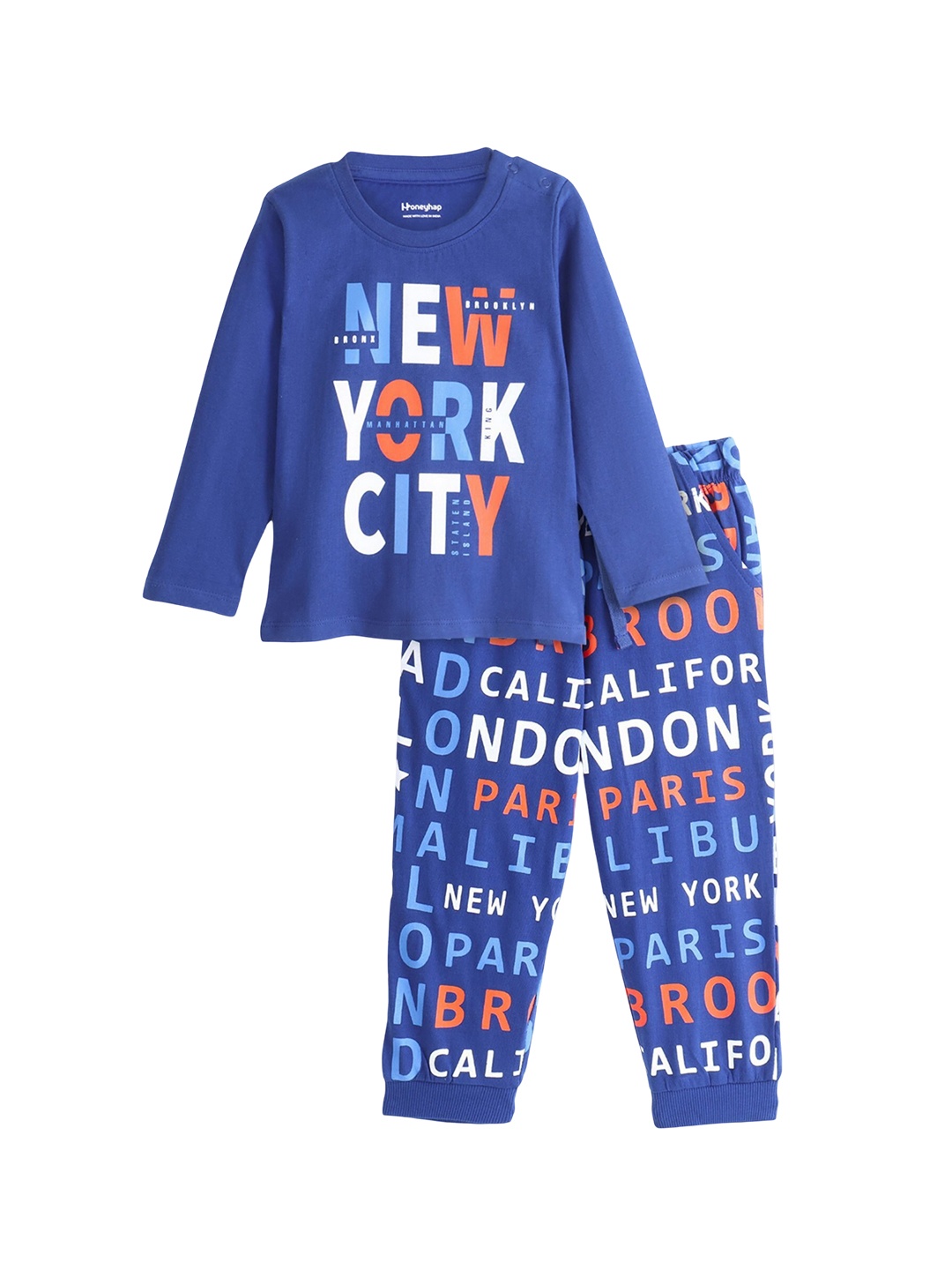 

Honeyhap Boys Typography Printed Pure Cotton Night suit, Navy blue