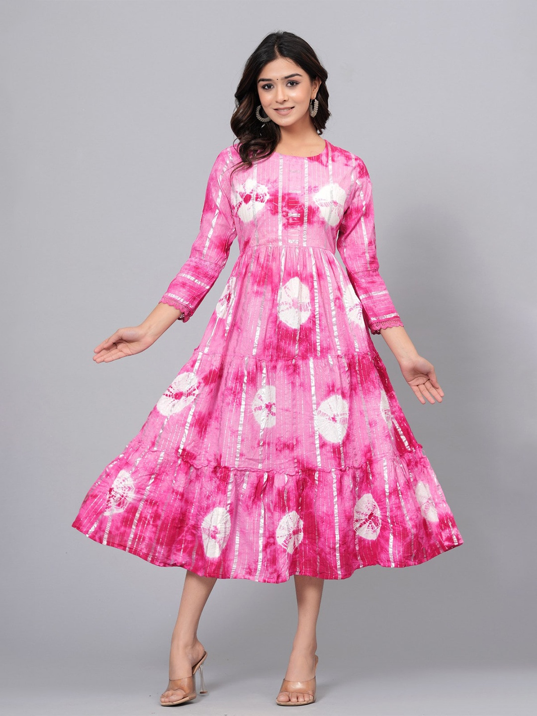 

SARAI CREATIONS Round Neck Cotton Tie & Dye Fit and Flare Midi Dress, Pink