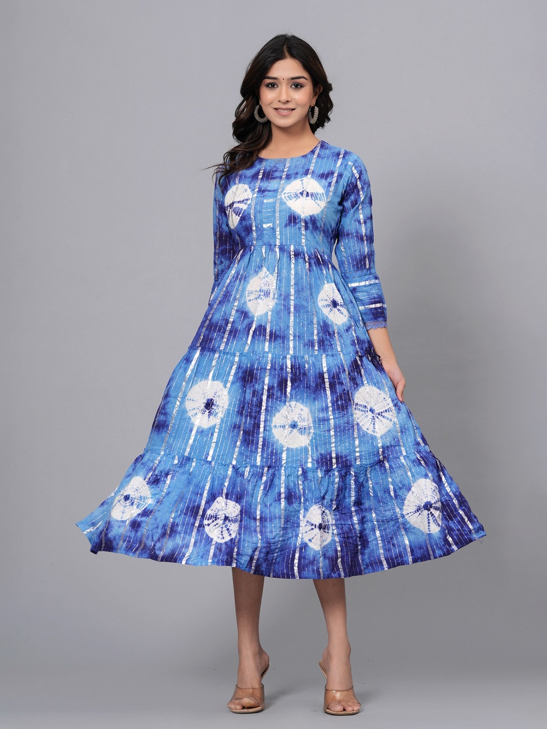 

SARAI CREATIONS Tie and Dye Print Cotton Fit and Flare Midi Dress, Blue