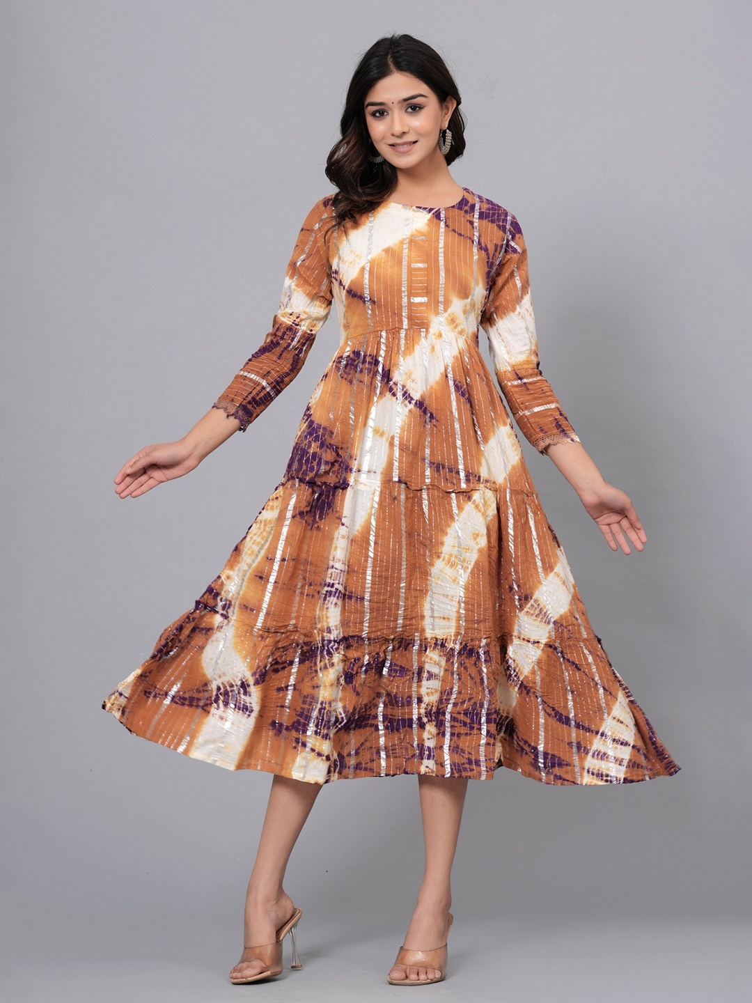 

SARAI CREATIONS Round Neck Hand Tie & Dye Cotton Fit and Flare Midi Dress, Brown