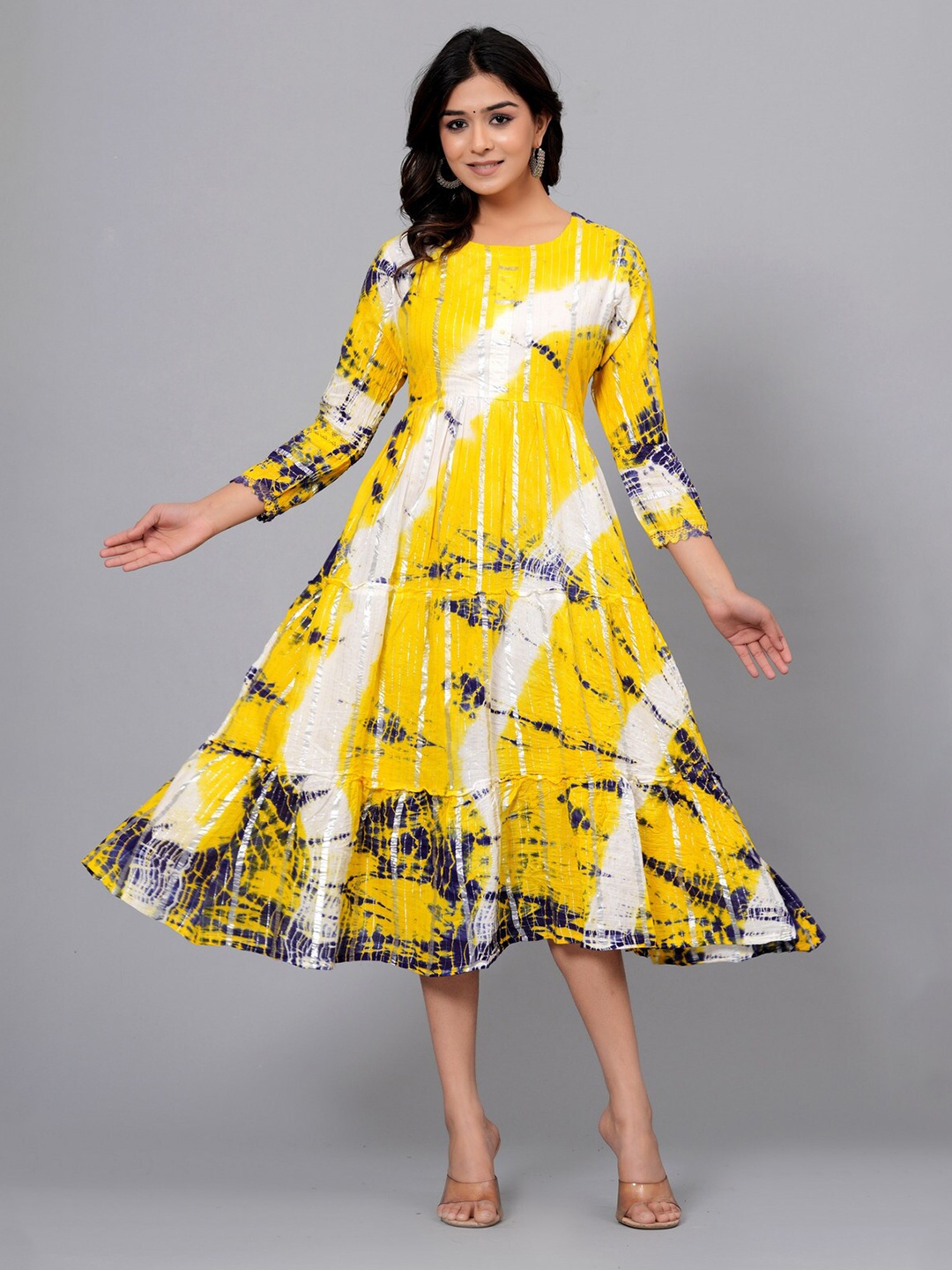 

SARAI CREATIONS Round Neck Hand Tie & Dye Cotton Fit and Flare Midi Dress, Yellow