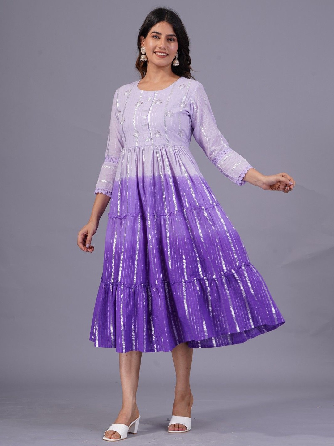 

SARAI CREATIONS Round Neck Cotton Fit and Flare Midi Ethnic Dress, Purple