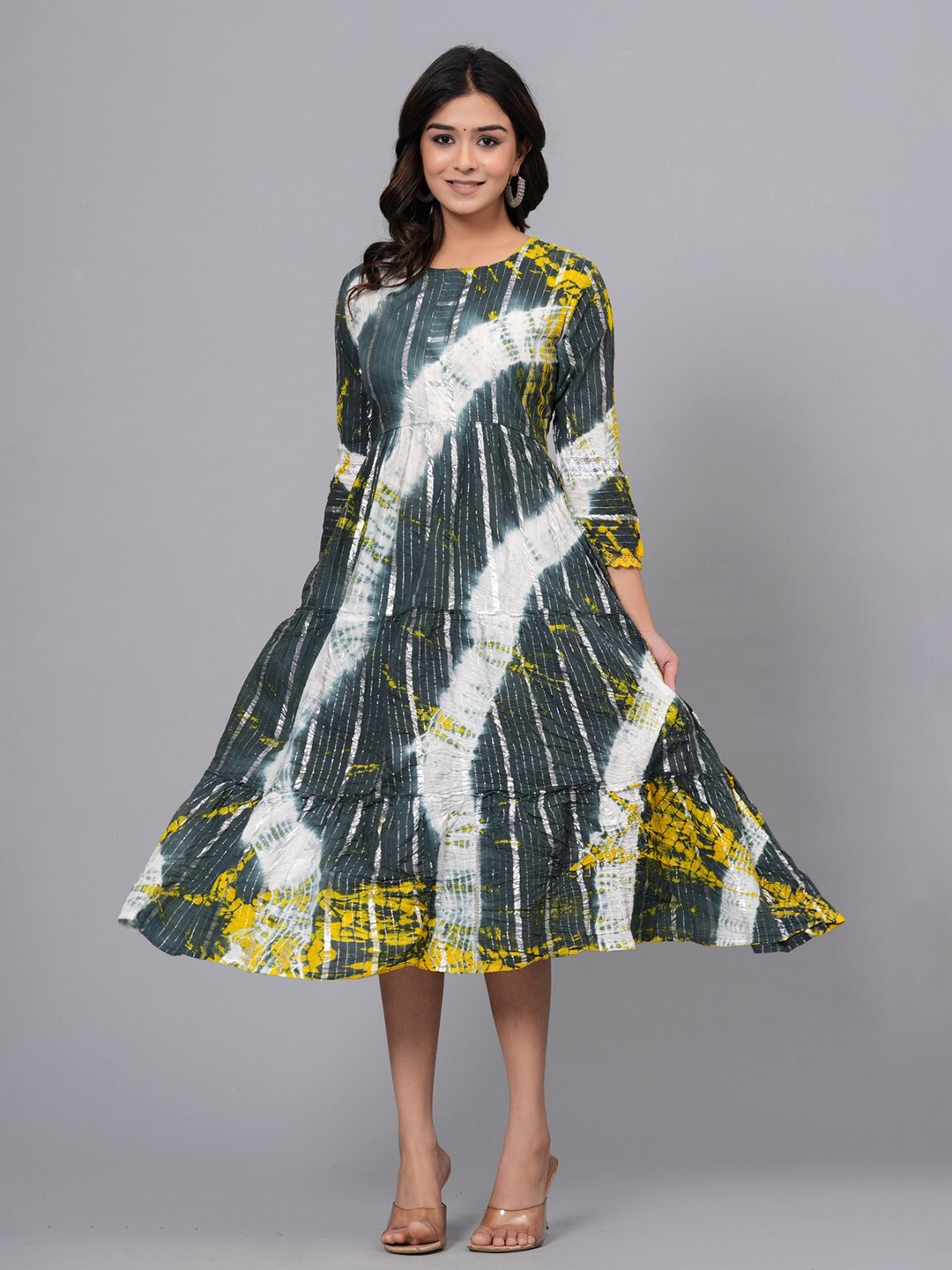

SARAI CREATIONS Round Neck Hand Tie & Dye Fit and Flare Cotton Midi Dress, Grey melange