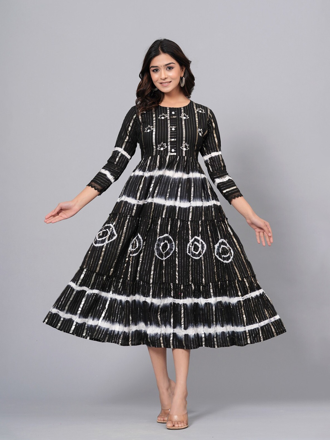 

SARAI CREATIONS Round Neck Hand Tie & Dye Cotton Fit and Flare Midi Dress, Black