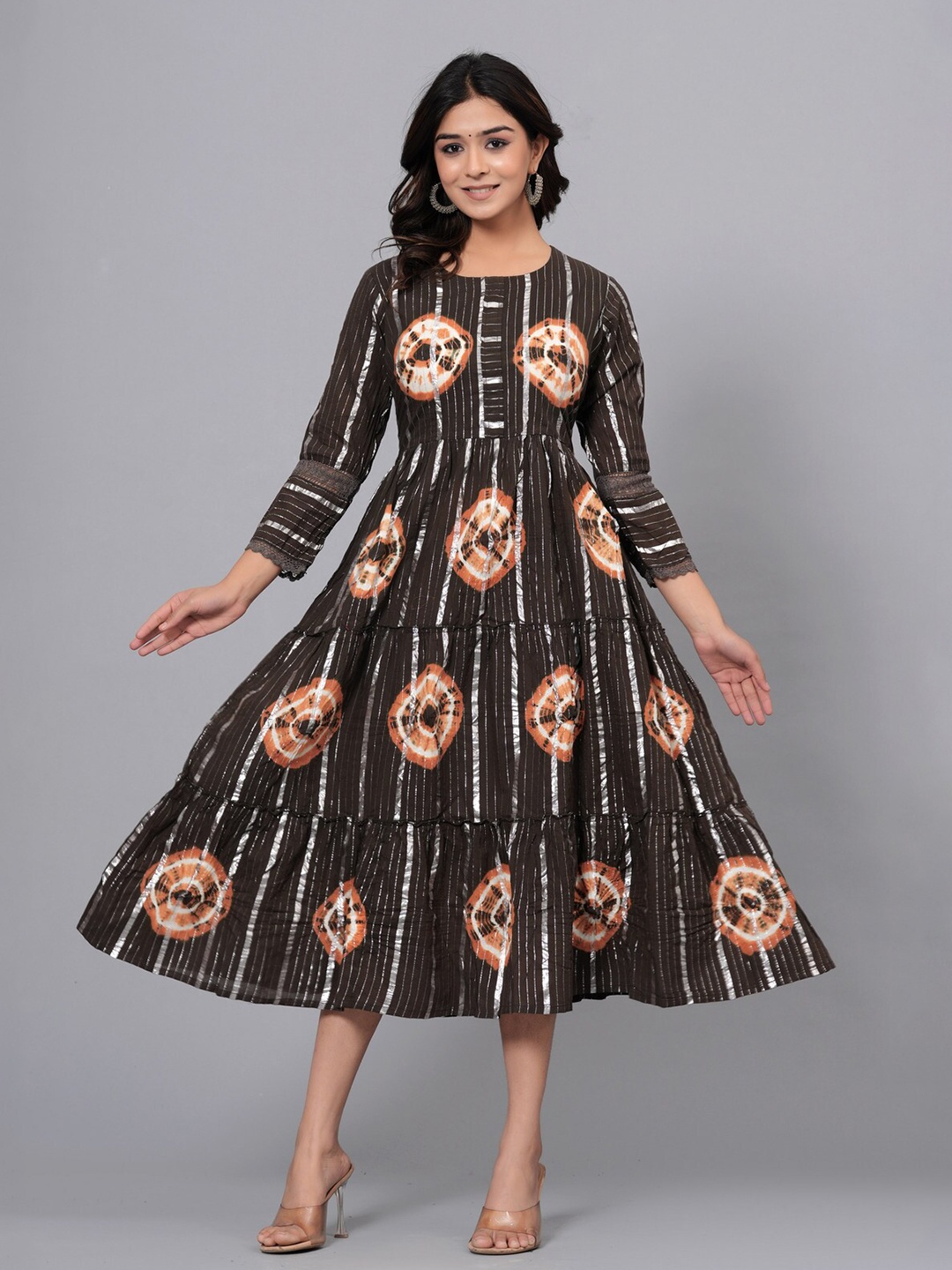 

SARAI CREATIONS Round Neck Hand Tie & Dye Print Cotton Fit and Flare Midi Dress, Brown