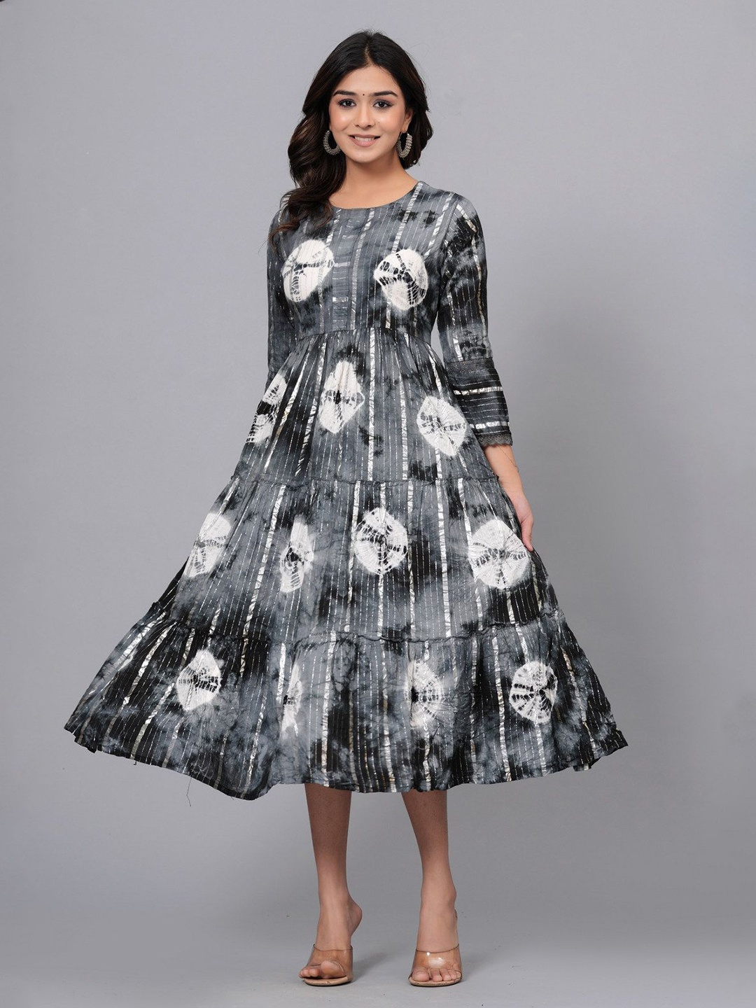 

SARAI CREATIONS Cotton Round Neck Tie & Dye Fit & Flare Midi Dress, Black