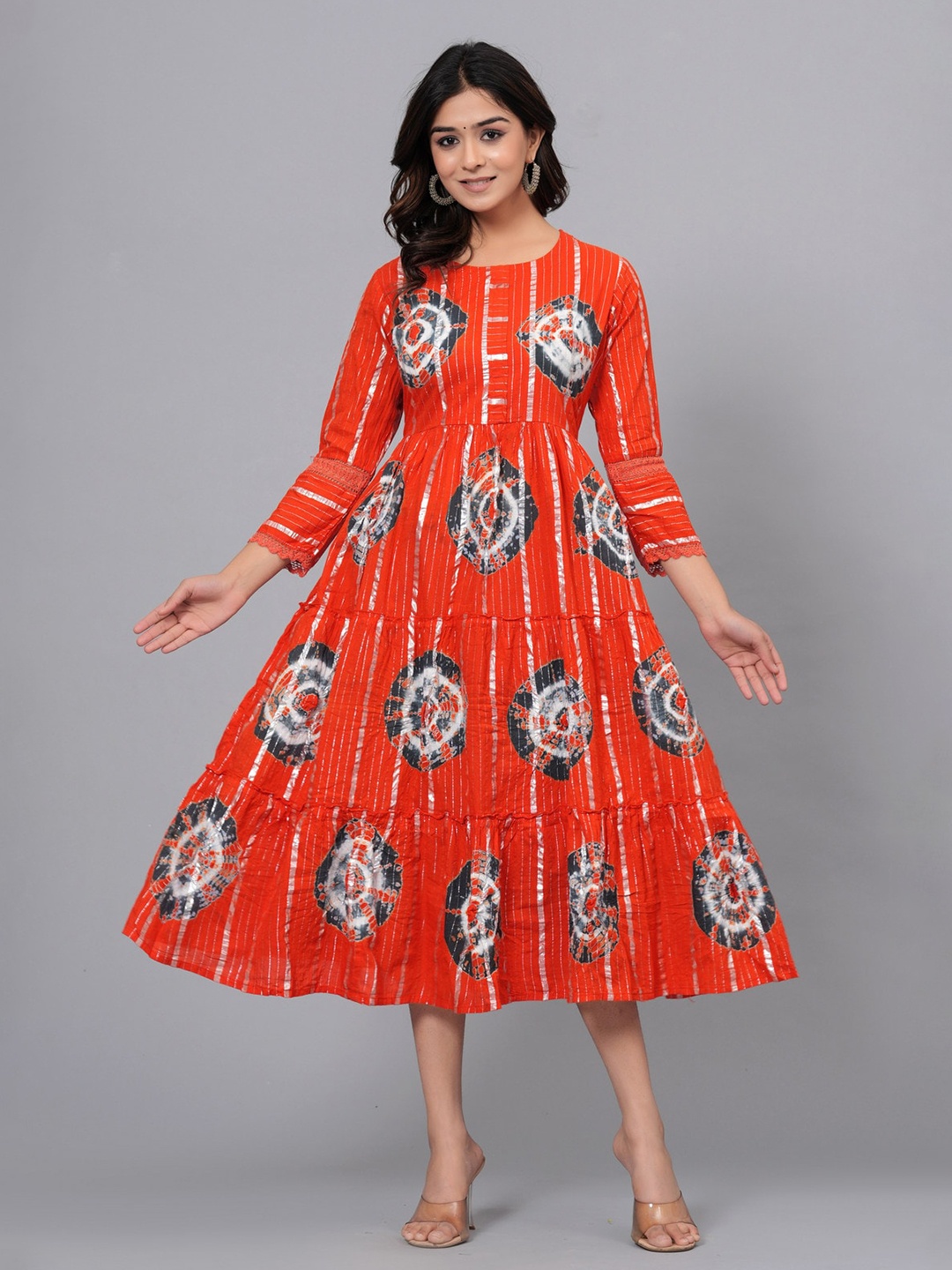 

SARAI CREATIONS Round Neck Hand Tie & Dye Cotton Fit and Flare Midi Dress, Orange
