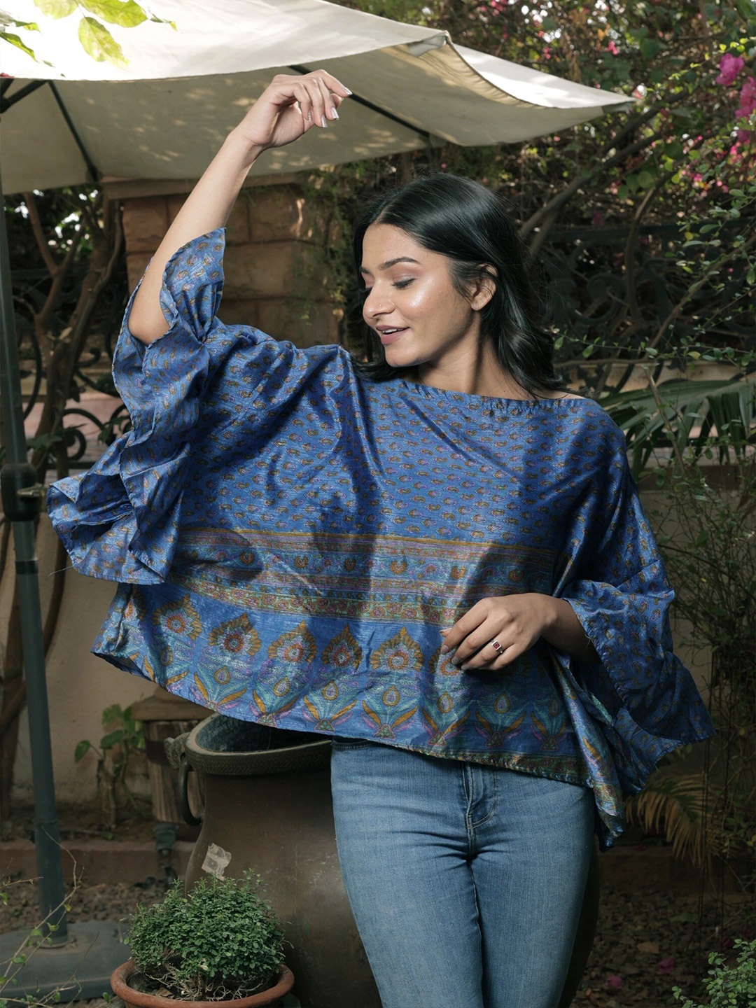 

Exotic India Supersonic Vintage Pure Silk Short Top with Ruffles, Blue