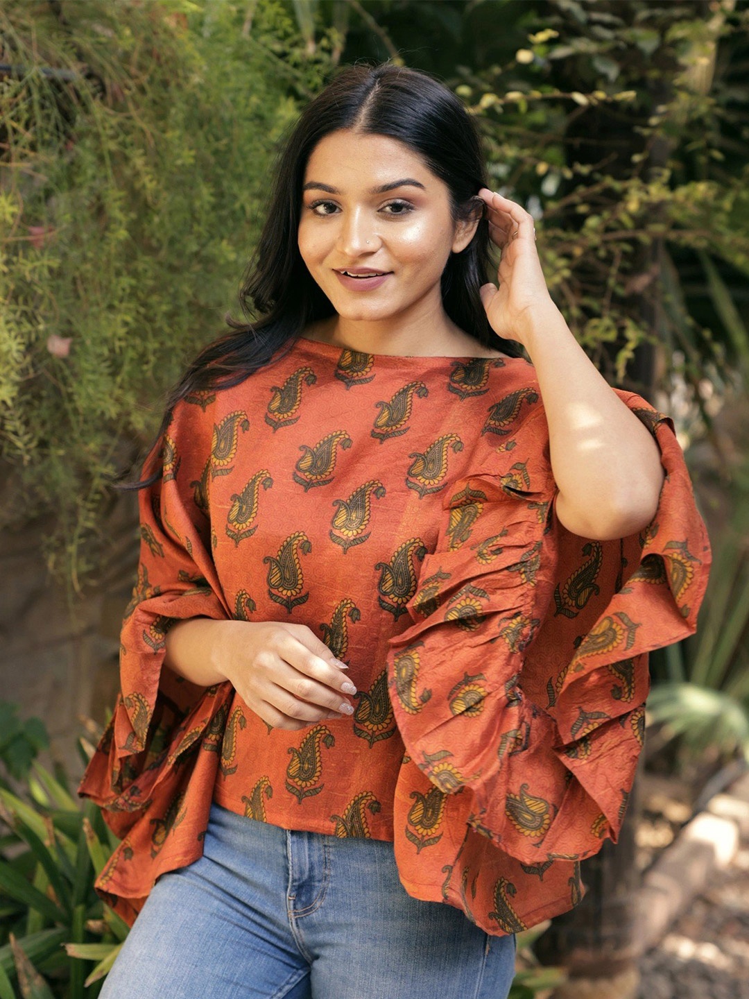 

Exotic India Ethnic Motifs Print Kimono Sleeve Ruffles Pure Silk Kaftan Top, Red