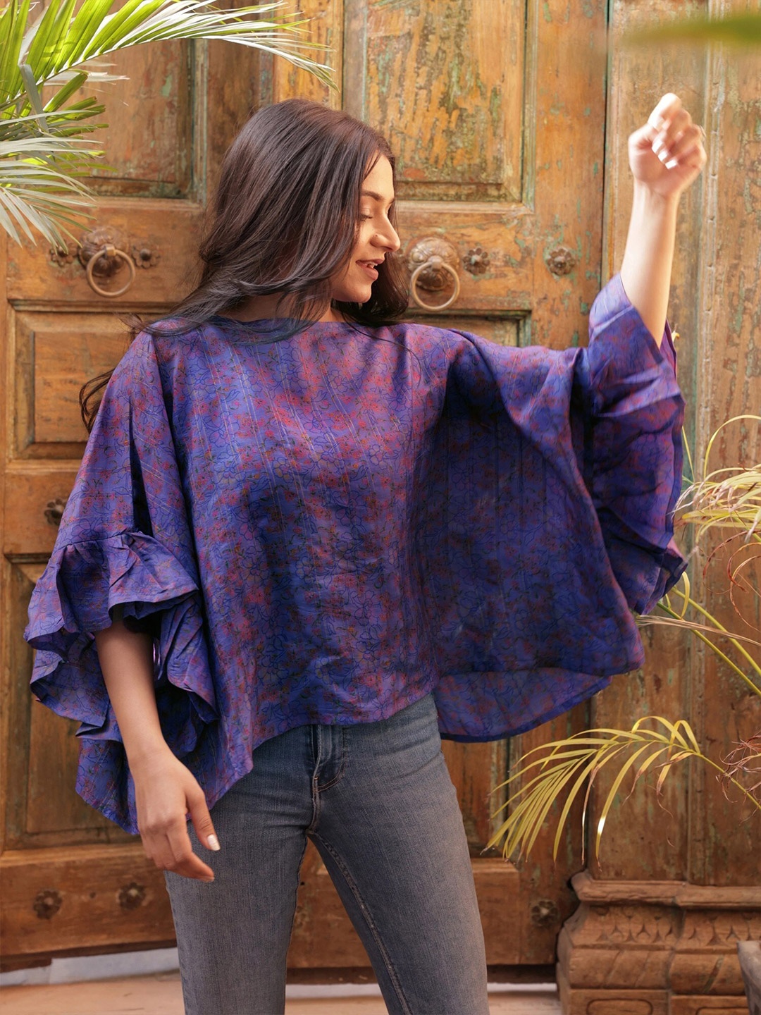 

Exotic India Ruffles Long Sleeves Round Neck Pure Silk Top, Purple
