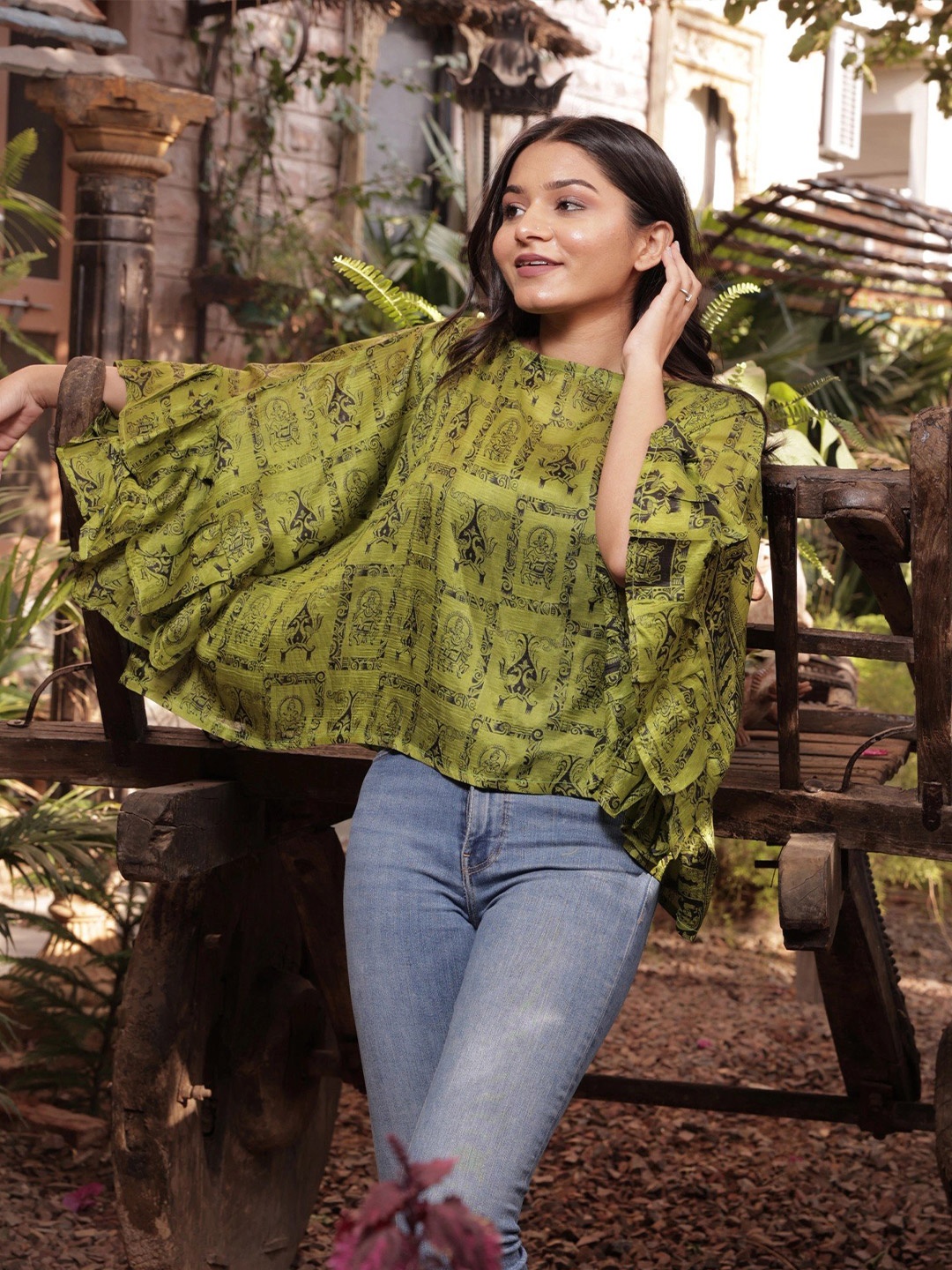 

Exotic India Vintage Pure Silk Spinach Green Short Top with Ruffles