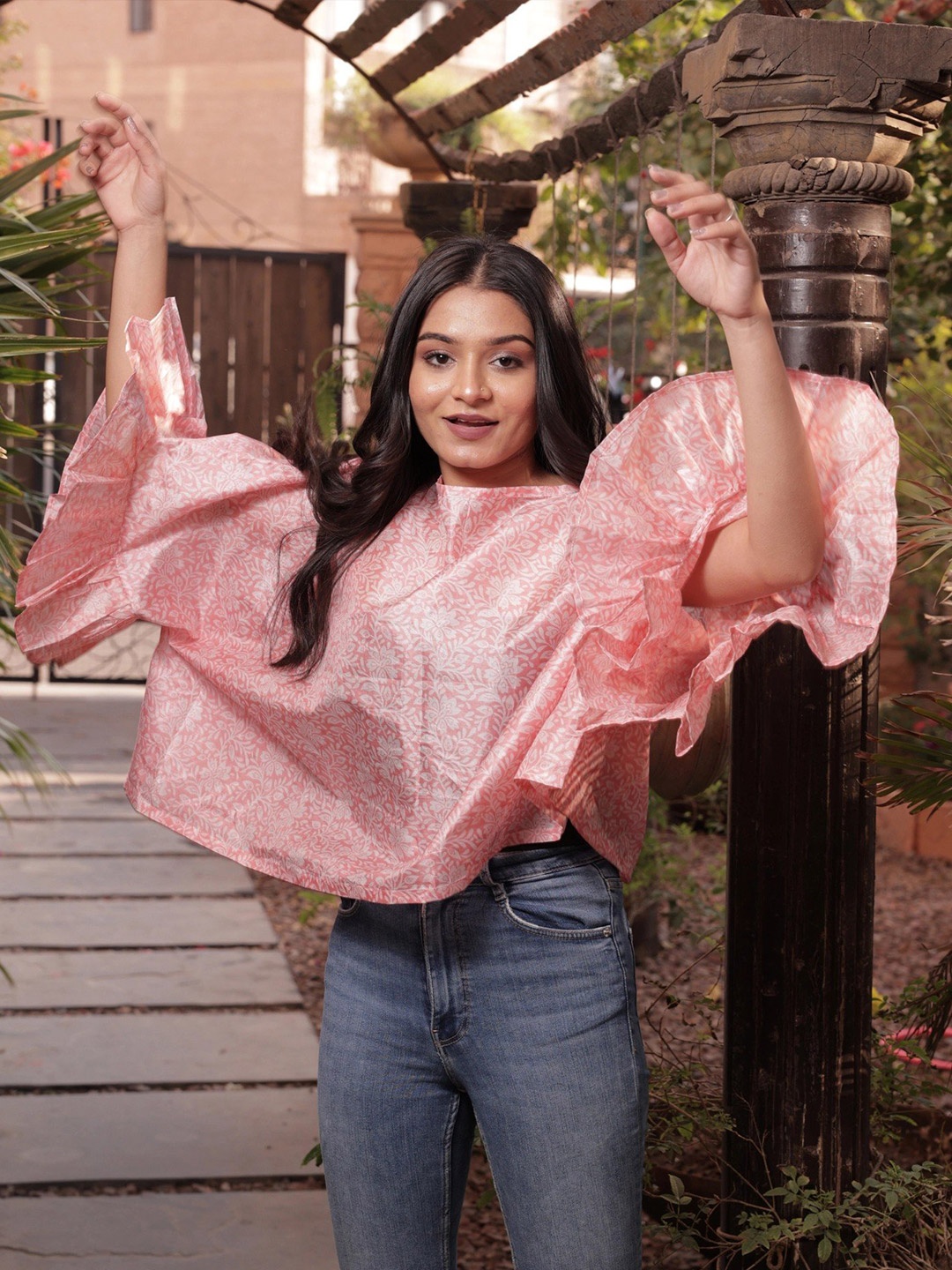 

Exotic India Floral Print Ruffles Pure Silk Kaftan Top, Pink
