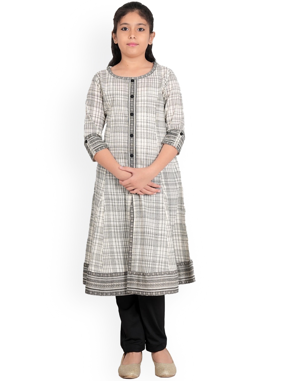 

YASH GALLERY Girls Checked Round Neck A-Line Kurta, Off white