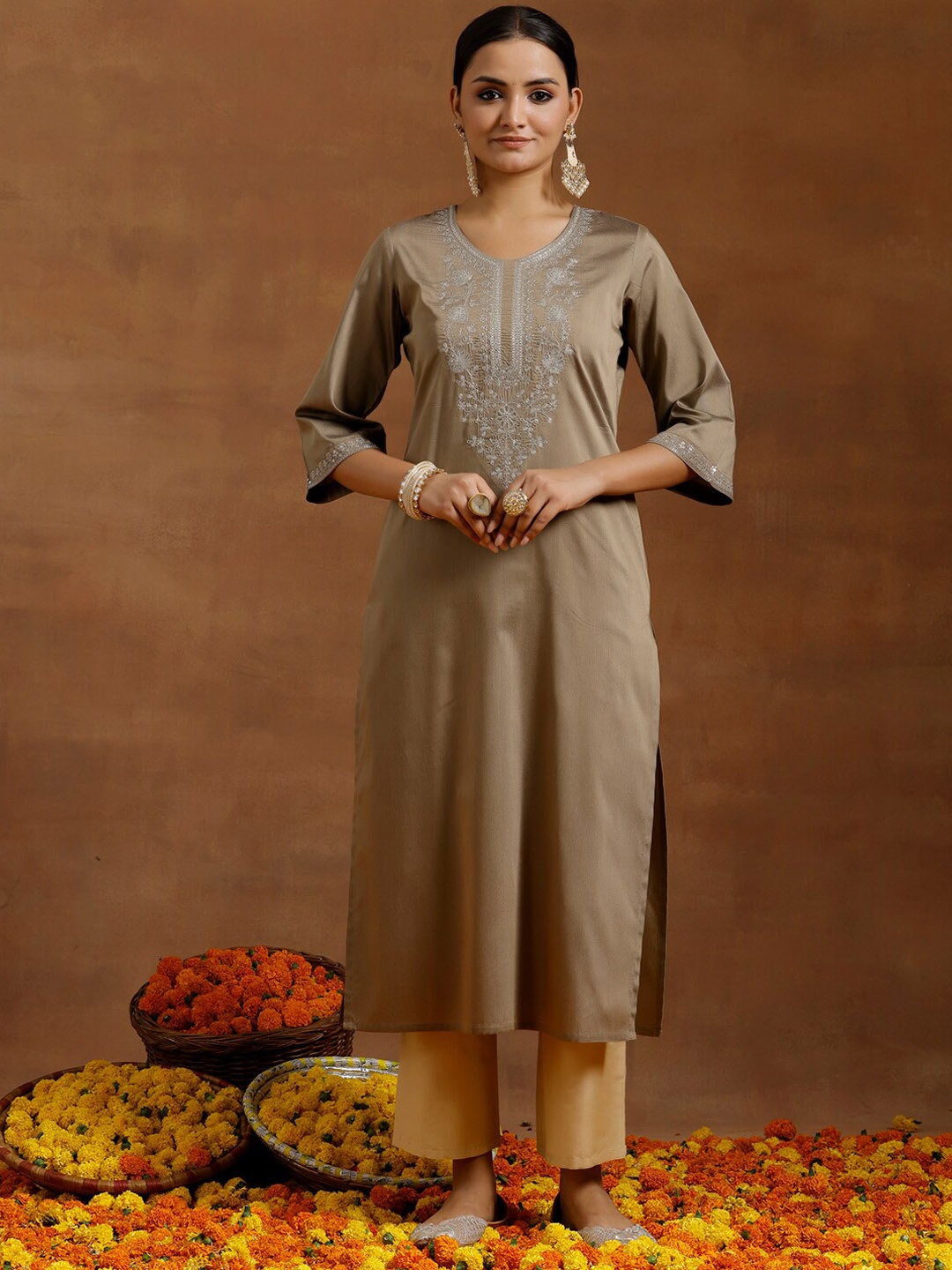 

Libas Floral Yoke Design Flared Sleeves Thread Work Silk A-Line Kurta, Gold