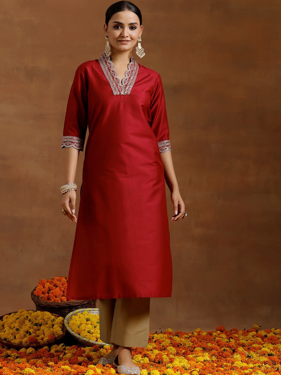 

Libas Floral Yoke Design V-Neck Silk Thread Work A-Line Kurta, Maroon