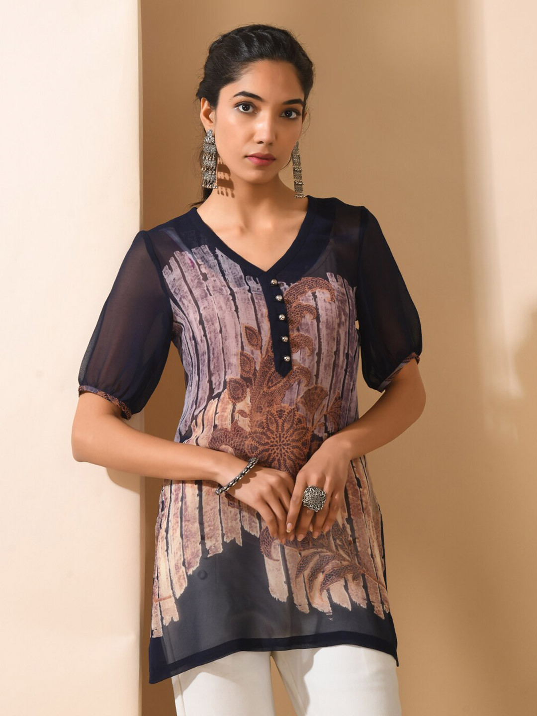 

KALINI Floral Printed V-Neck Tunic, Blue