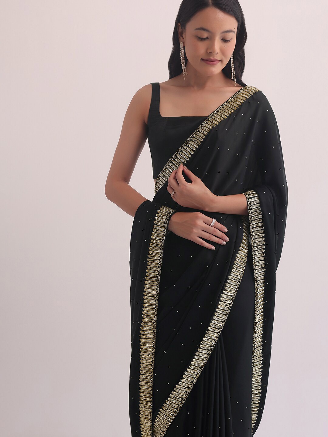 

KALKI Fashion Embellished Beads and Stones Silk Blend Saree, Black
