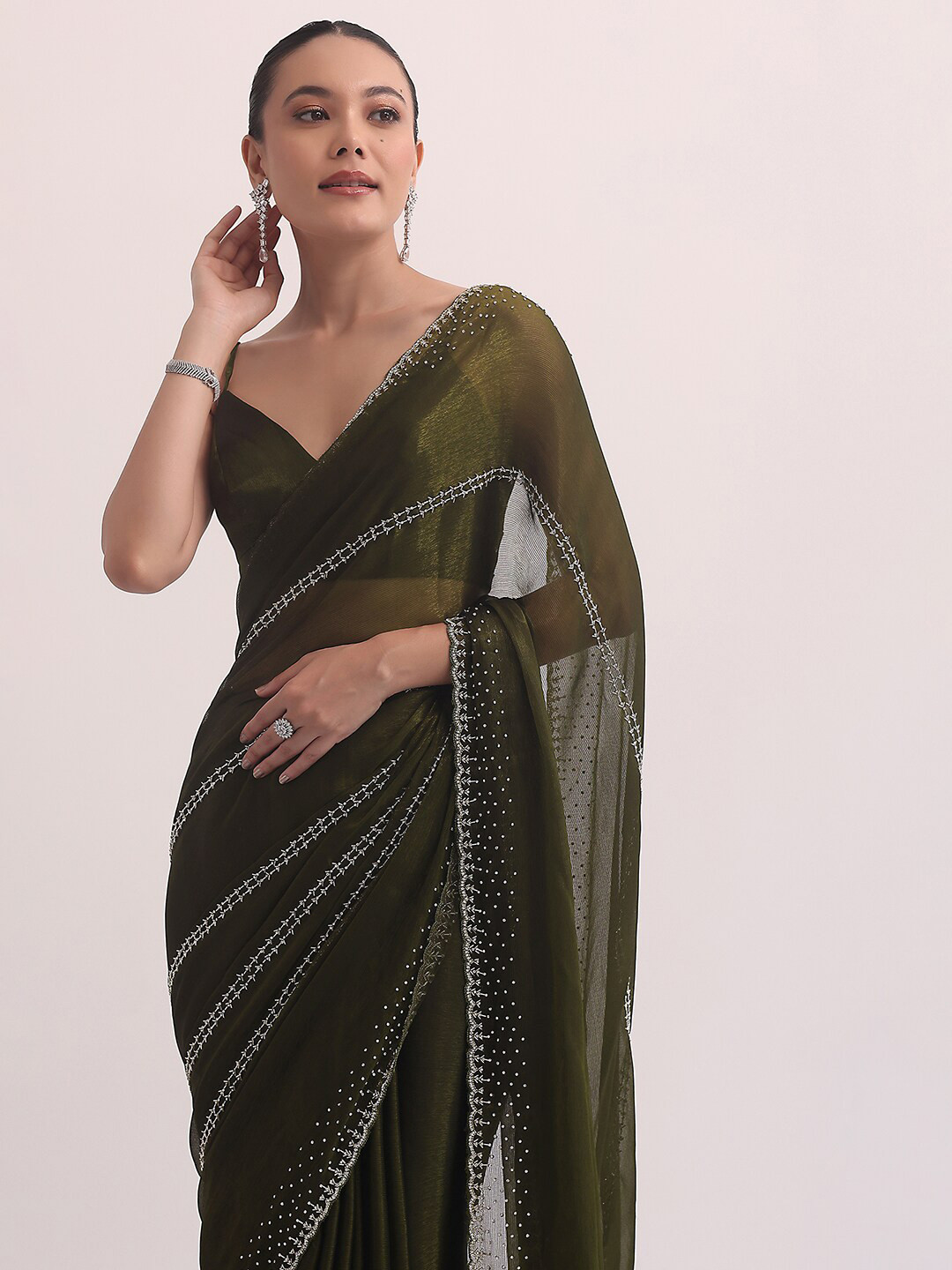 

KALKI Fashion Ethnic Motifs Embroidered Pure Chiffon Saree, Green