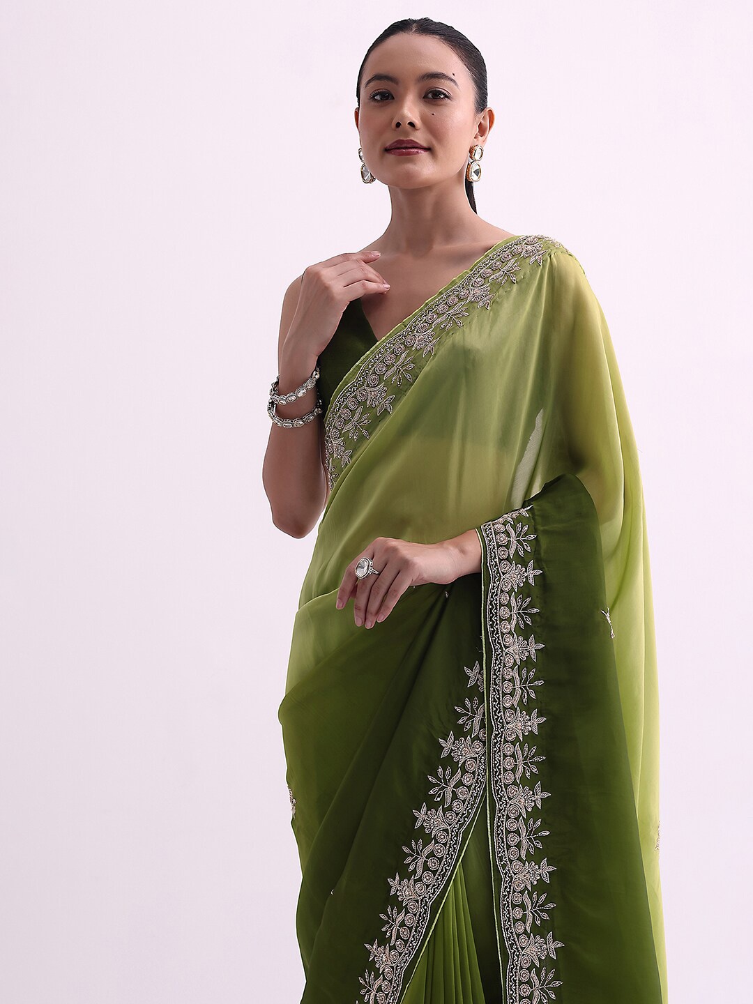

KALKI Fashion Embellished Satin Saree With Blouse Piece, Green