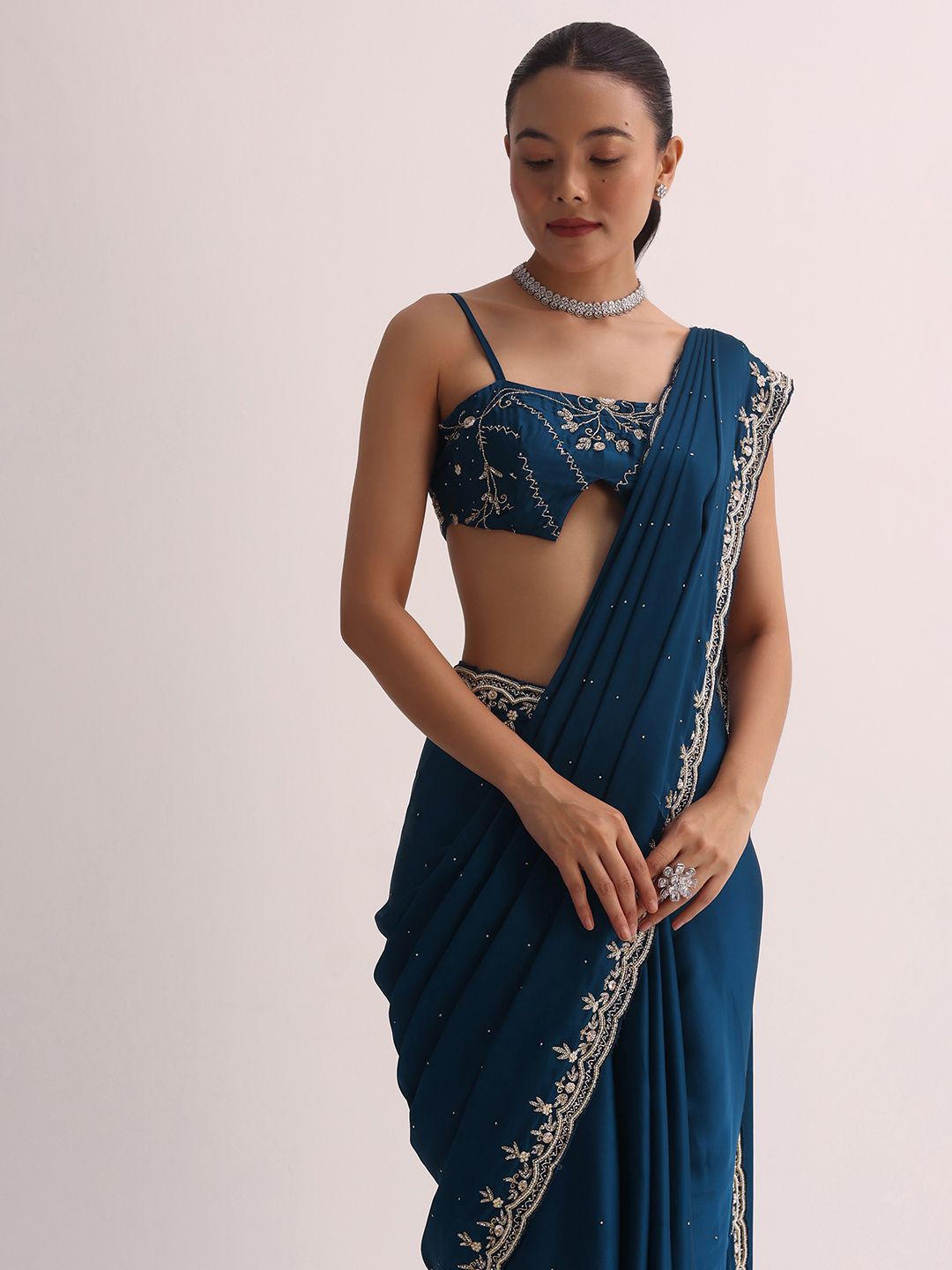 

KALKI Fashion Embellished Beads and Stones Tissue Saree, Blue