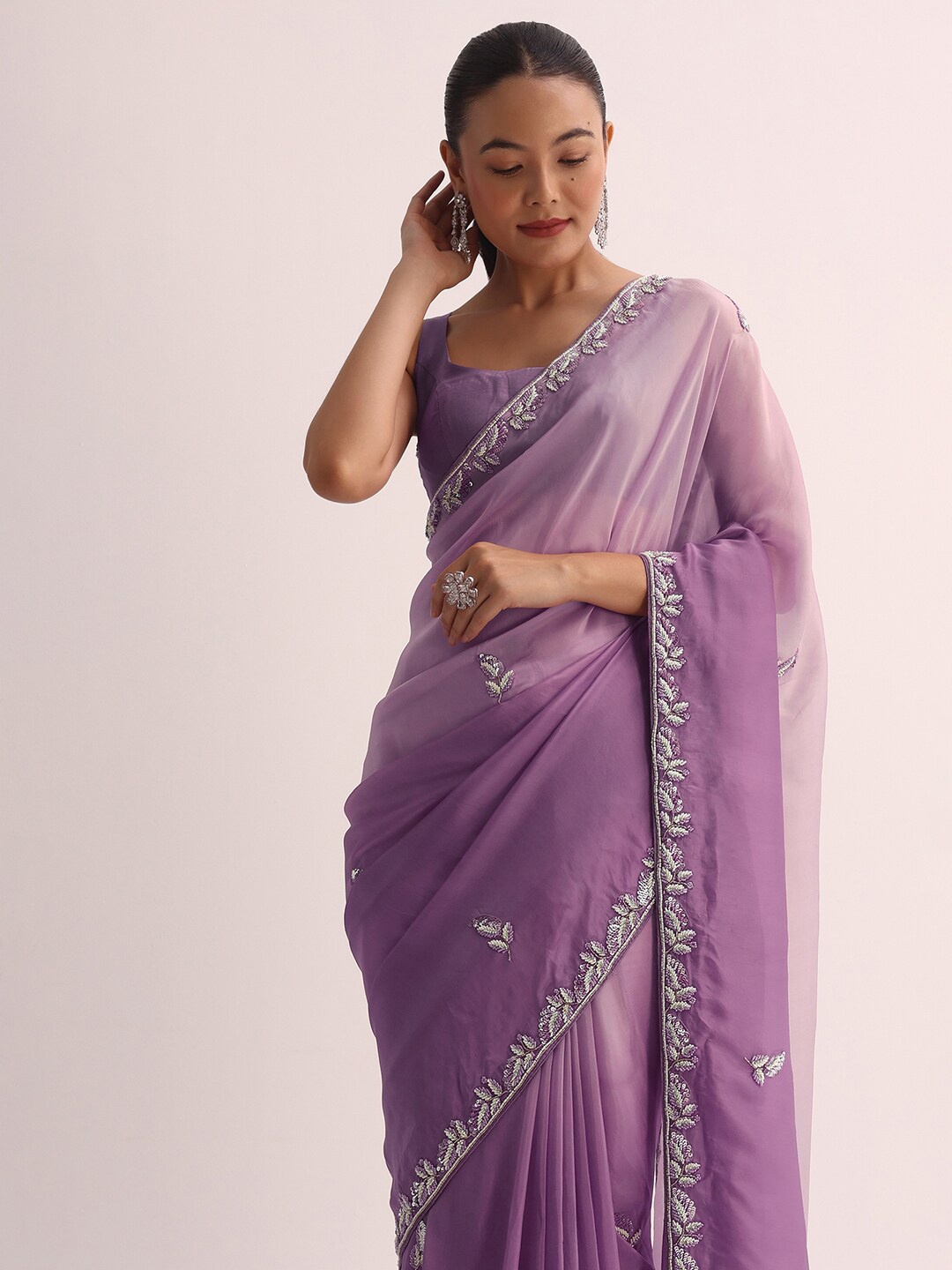 

KALKI Fashion Embroidered Floral Beads and Stones Satin Saree, Purple
