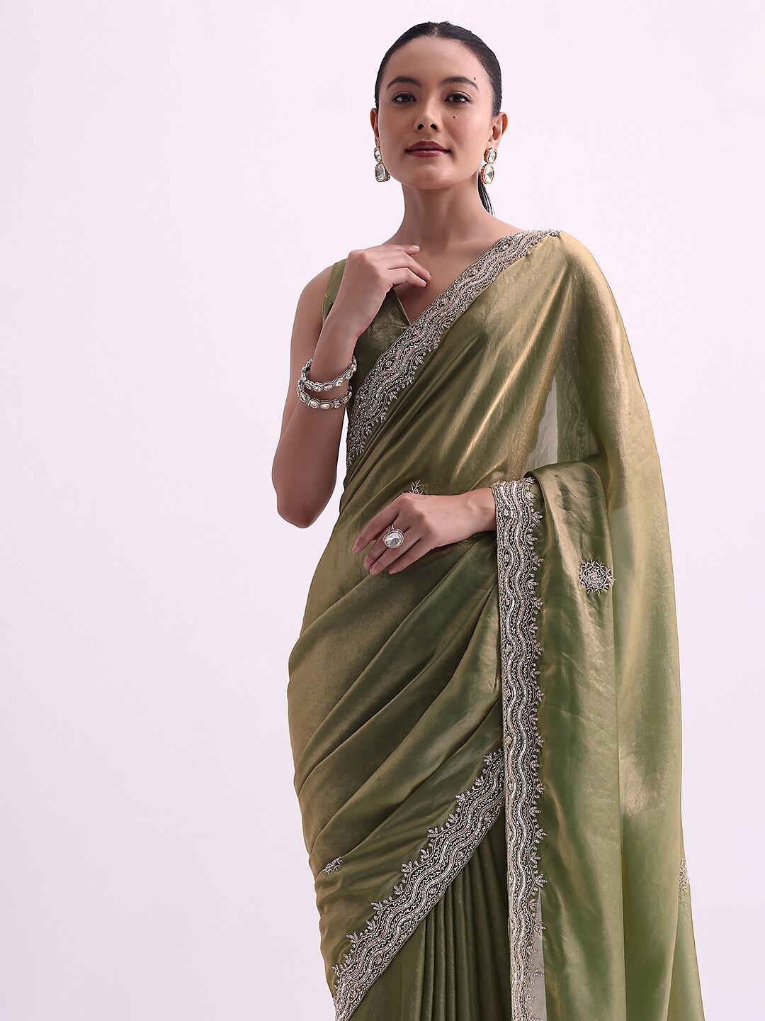 

KALKI Fashion Ethnic Motifs Beads and Stones Tissue Saree, Green